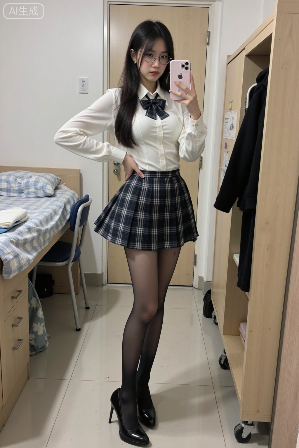 Realistic photo of a young woman, long hair, glasses, fair skin, big breasts, school uniform, plaid skirt, shiny pantyhose, long legs, high heels, full body, girls dormitory, taking selfie with mobile phone
