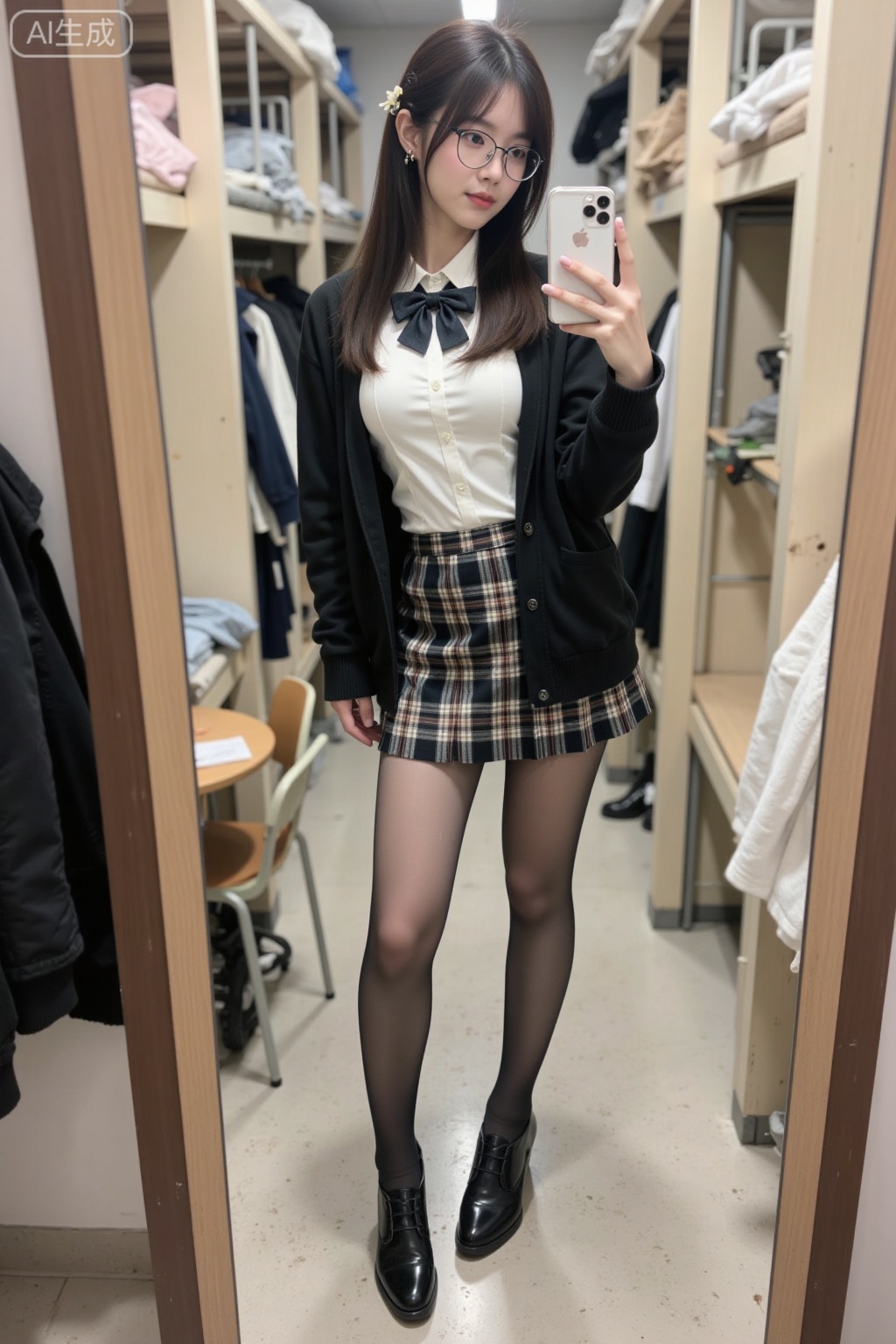 Realistic photo of a young woman, long hair, glasses, fair skin, big breasts, school uniform, plaid skirt, shiny pantyhose, long legs, high heels, full body, girls dormitory, taking selfie with mobile phone
