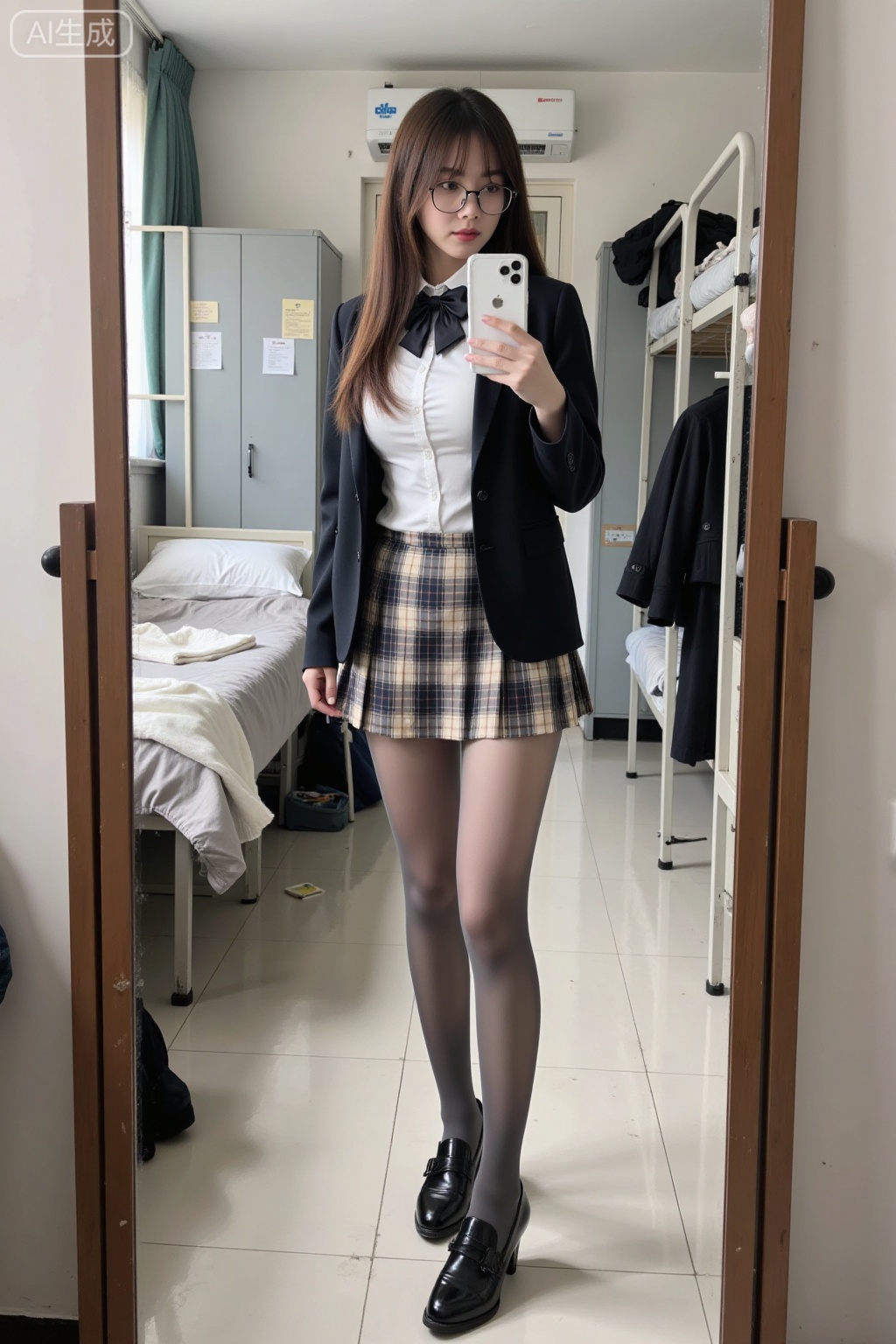 Realistic photo of a young woman, long hair, glasses, fair skin, big breasts, school uniform, plaid skirt, shiny pantyhose, long legs, high heels, full body, girls dormitory, taking selfie with mobile phone