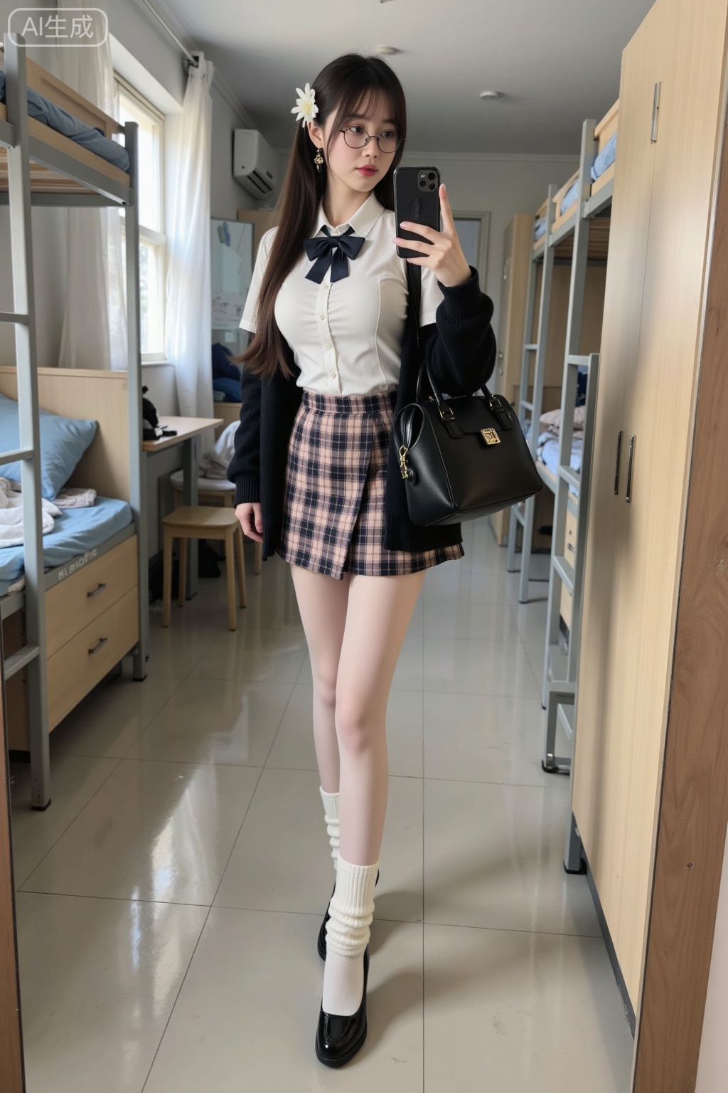 Realistic photo of a young woman, long hair, glasses, fair skin, big breasts, school uniform, plaid skirt, shiny pantyhose, long legs, high heels, full body, girls dormitory, taking selfie with mobile phone