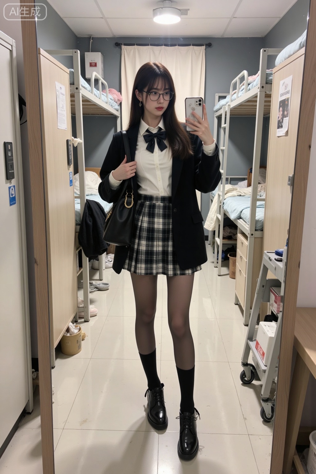 Realistic photo of a young woman, long hair, glasses, fair skin, big breasts, school uniform, plaid skirt, shiny pantyhose, long legs, high heels, full body, girls dormitory, taking selfie with mobile phone