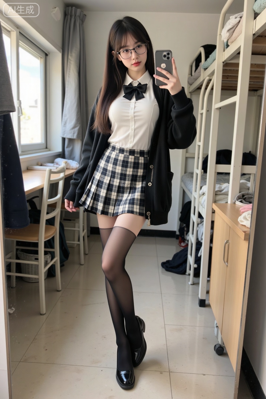 Realistic photo of a young woman, long hair, glasses, fair skin, big breasts, school uniform, plaid skirt, shiny pantyhose, long legs, high heels, full body, girls dormitory, taking selfie with mobile phone