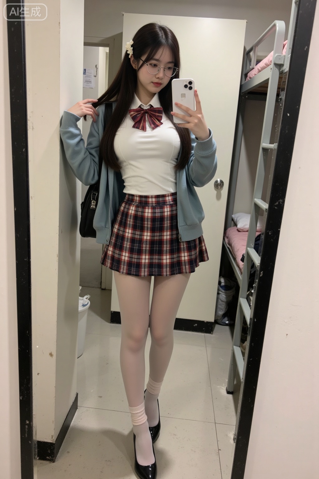 Realistic photo of a young woman, long hair, glasses, fair skin, big breasts, school uniform, plaid skirt, shiny pantyhose, long legs, high heels, full body, girls dormitory, taking selfie with mobile phone