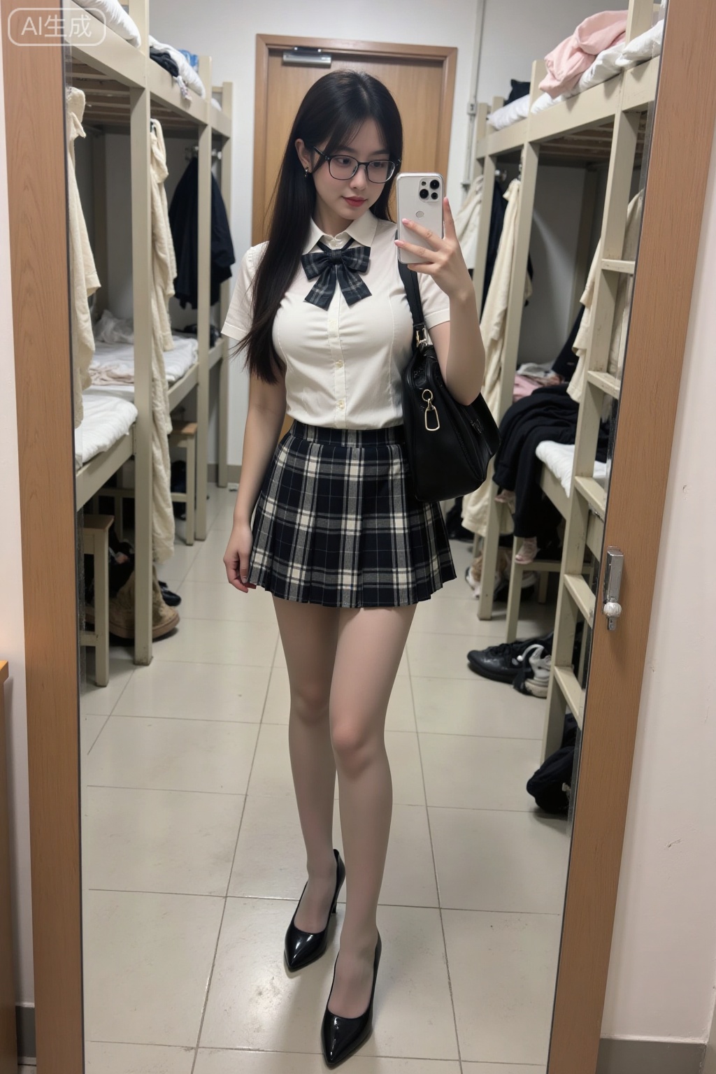 Realistic photo of a young woman, long hair, glasses, fair skin, big breasts, school uniform, plaid skirt, shiny pantyhose, long legs, high heels, full body, girls dormitory, taking selfie with mobile phone