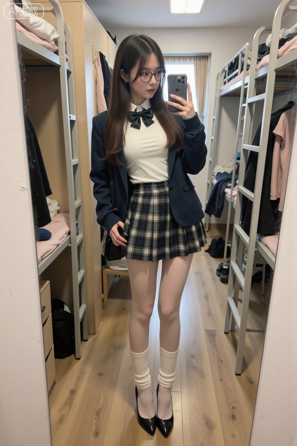 Realistic photo of a young woman, long hair, glasses, fair skin, big breasts, school uniform, plaid skirt, shiny pantyhose, long legs, high heels, full body, girls dormitory, taking selfie with mobile phone