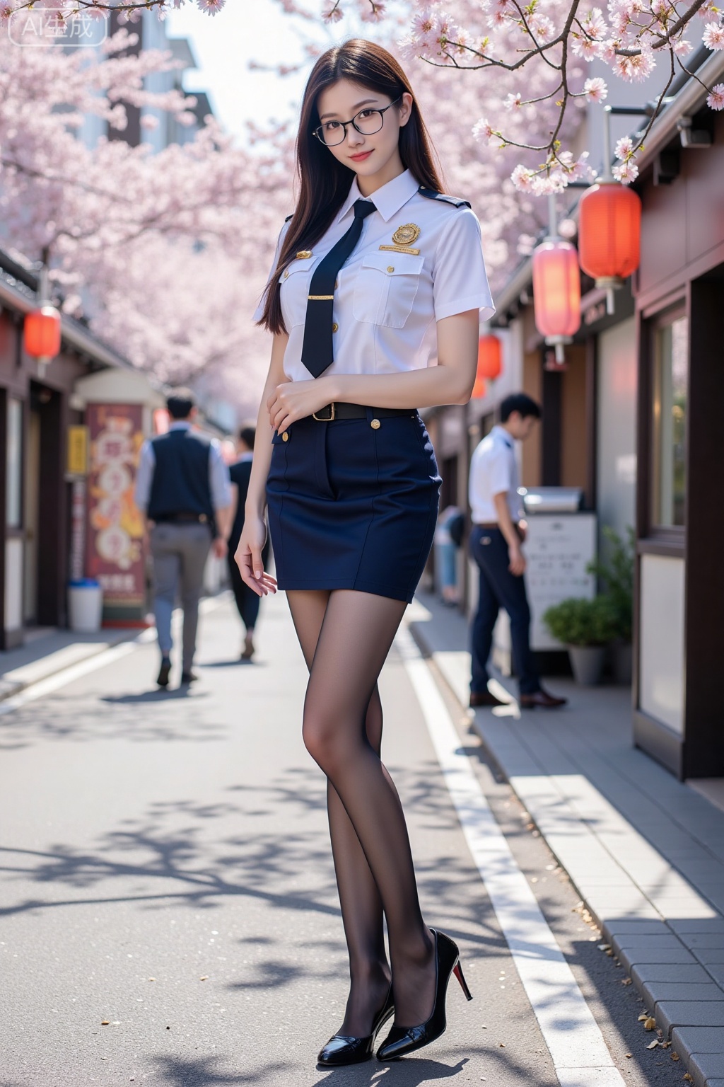 Realistic photo of a young woman, long hair, glasses, fair skin, big breasts, policewoman uniform, short pencil skirt, shiny pantyhose, long legs, high heels, full body, Japanese-style bustling street, cherry blossoms, sunny,