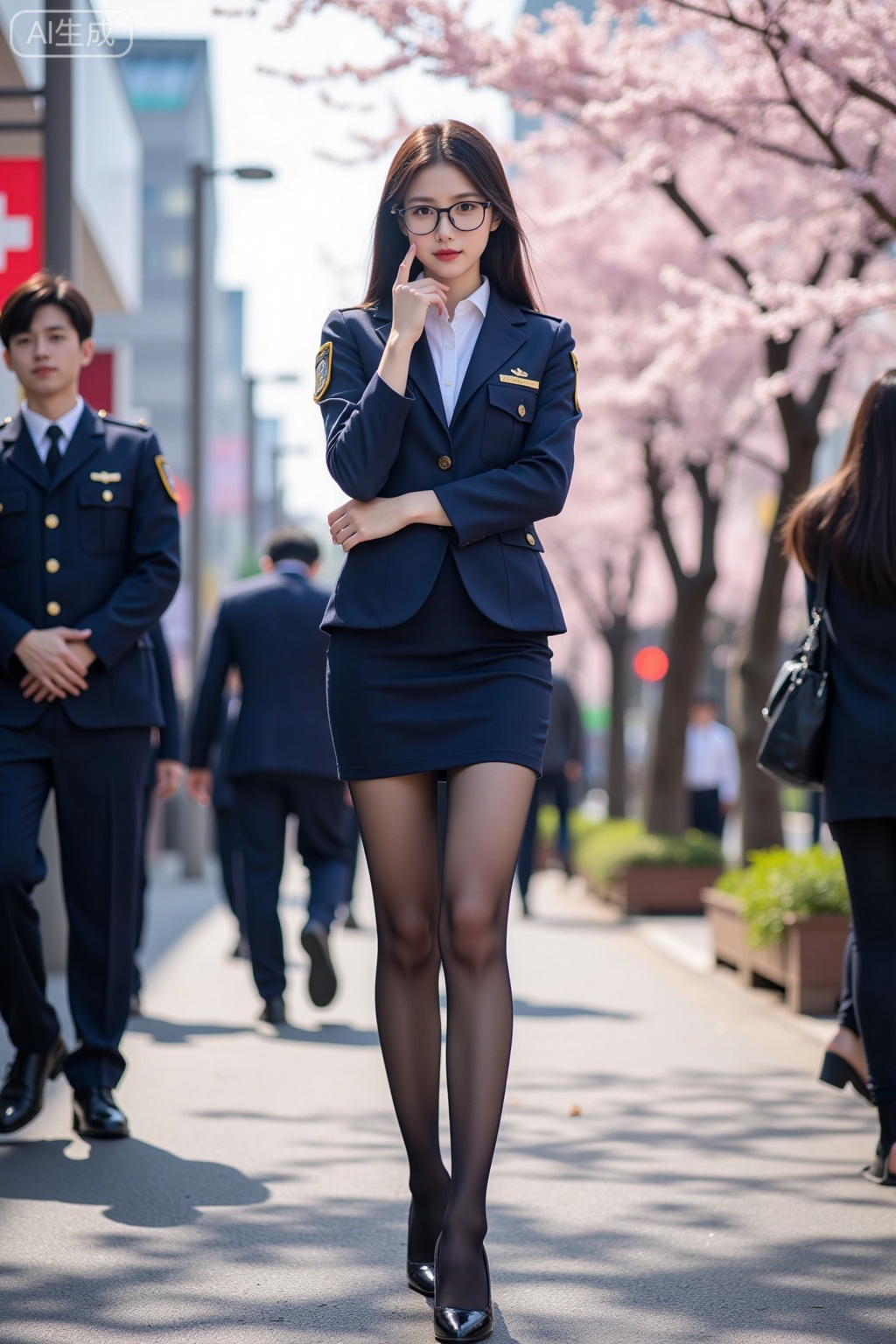 Realistic photo of a young woman, long hair, glasses, fair skin, big breasts, policewoman uniform, short pencil skirt, shiny pantyhose, long legs, high heels, full body, Japanese-style bustling street, cherry blossoms, sunny,
