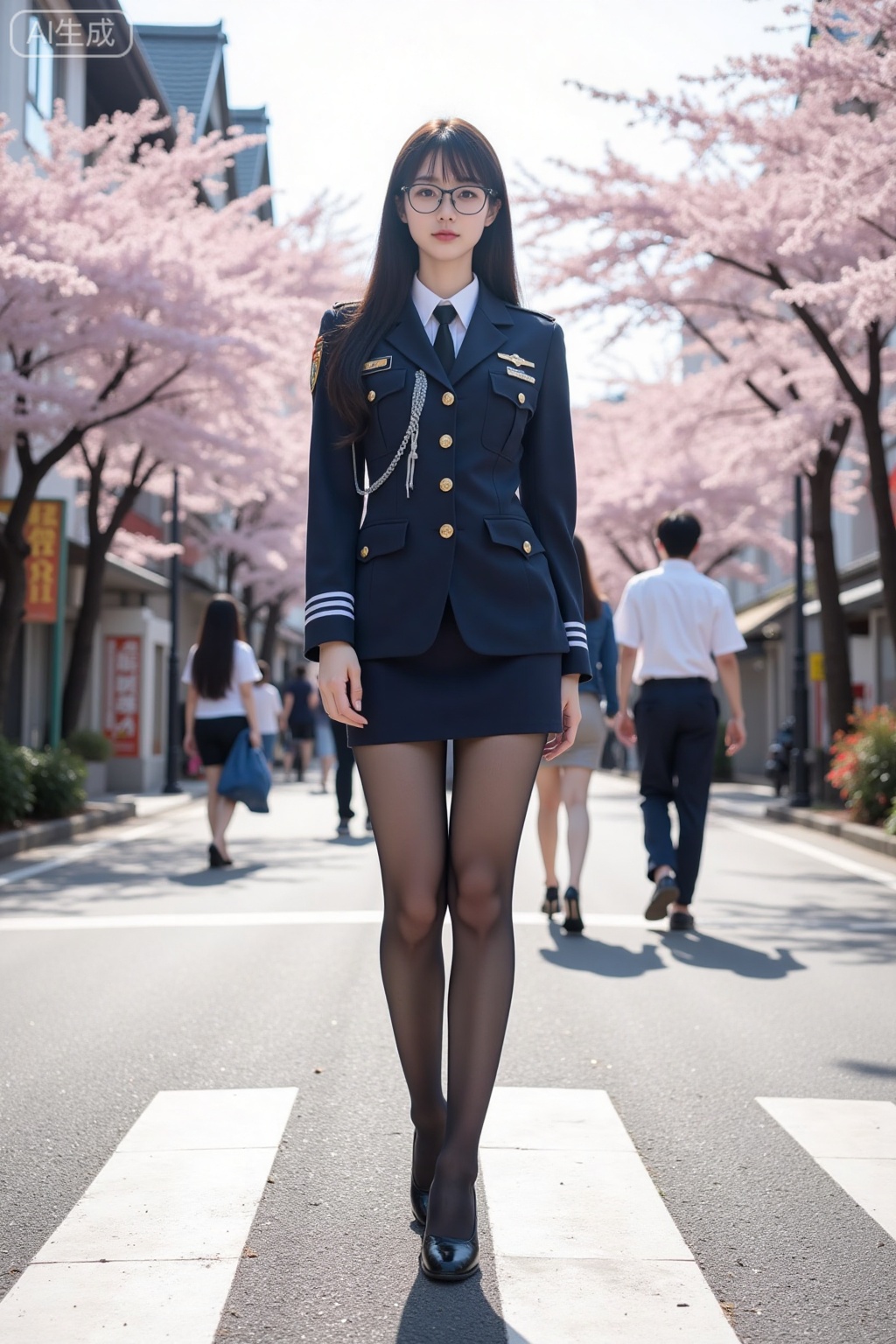 Realistic photo of a young woman, long hair, glasses, fair skin, big breasts, policewoman uniform, short pencil skirt, shiny pantyhose, long legs, high heels, full body, Japanese-style bustling street, cherry blossoms, sunny,