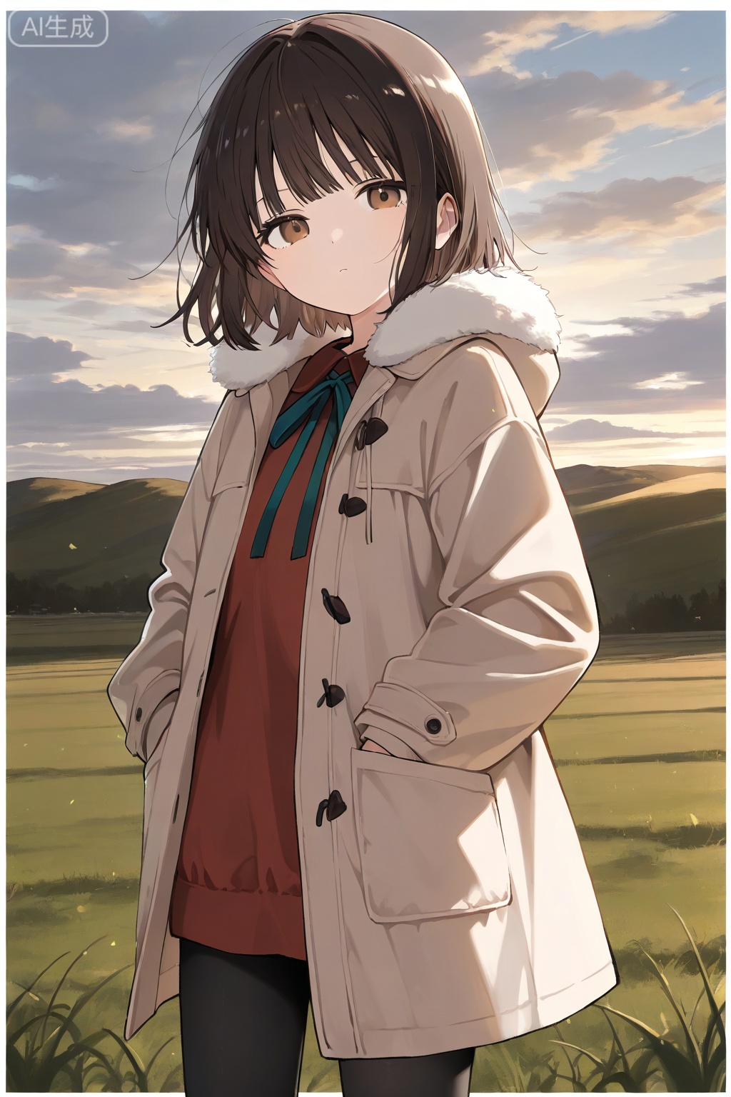 1girl, solo, looking at viewer, short hair, bangs, brown hair, shirt, black hair, ribbon, brown eyes, standing, jacket, outdoors, sky, cloud, coat, fur trim, cloudy sky, grass, red shirt, white border, hands in pockets