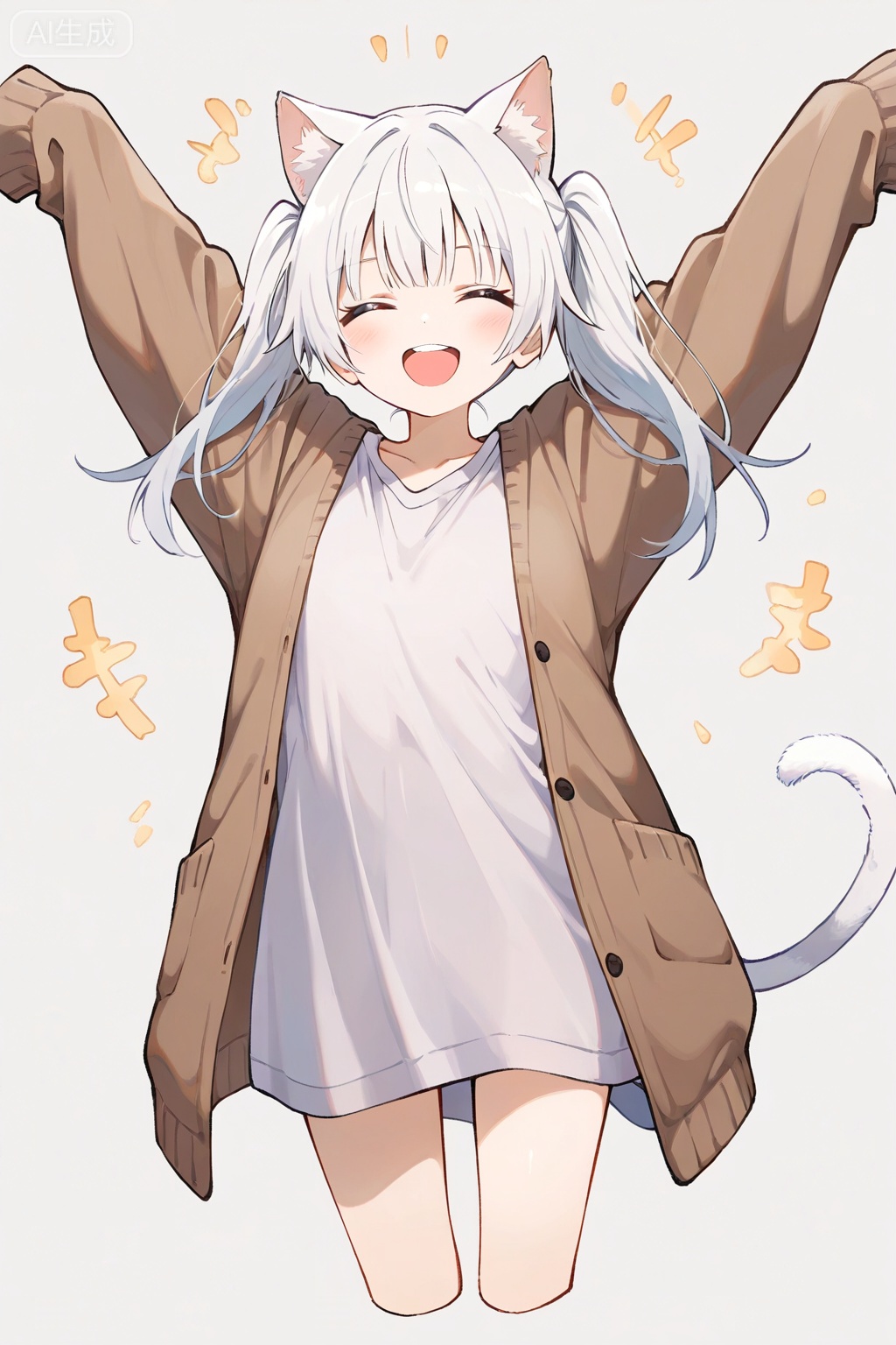 (masterpiece),(best quality),1girl, solo,catgirl,cat ears,cat tail,white hair, twintails, blush, smile, shirt, white shirt, long shirt, ^ ^, brown cardigan, cardigan, closed eyes, collarbone, cropped legs, long sleeves, sleeves past fingers, sleeves past wrists, upper teeth only, teeth, white background