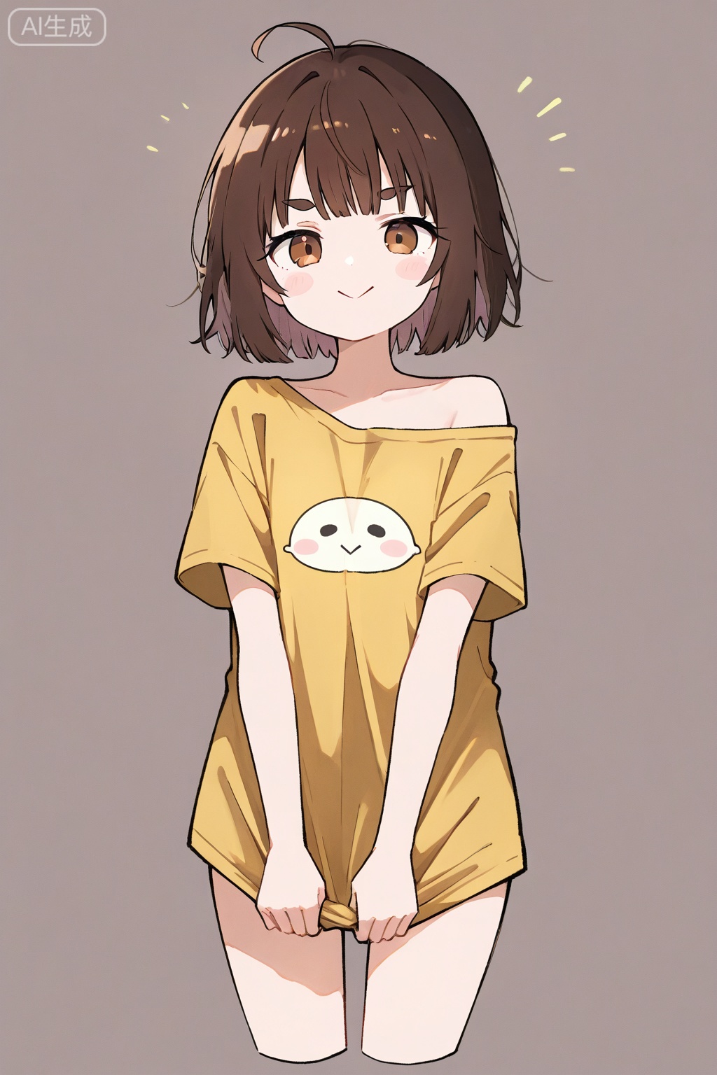 1girl, solo, looking at viewer, blush, smile, short hair, bangs, simple background, brown hair, shirt, brown eyes, closed mouth, collarbone, ahoge, cowboy shot, grey background, off shoulder, blush stickers, thick eyebrows, t-shirt, cropped legs, yellow shirt, :>, shirt tug