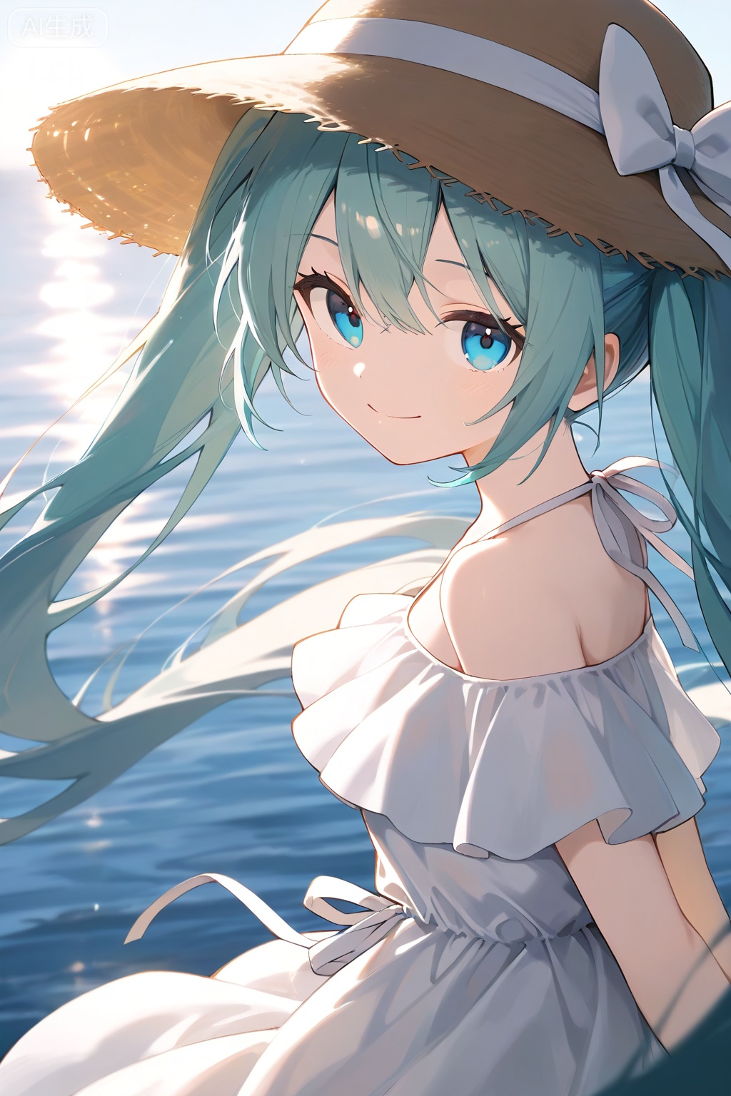 1girl, bangs, bare_shoulders, blue_eyes, brown_headwear, closed_mouth, dress, from_side, hat, hat_bow, hat_ribbon, hatsune_miku, long_hair, looking_at_viewer, off_shoulder, ribbon, smile, solo, straw_hat, sun_hat, very_long_hair, water, white_dress, white_ribbon