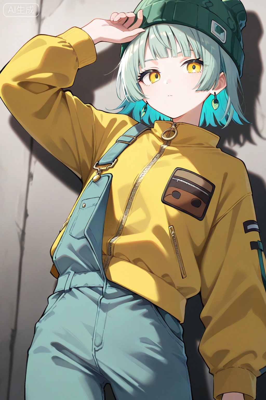1girl, solo, looking at viewer, short hair, bangs, long sleeves, hat, jewelry, closed mouth, jacket, yellow eyes, cowboy shot, earrings, green hair, arm up, aqua hair, zipper, green headwear, beanie, overalls, yellow jacket