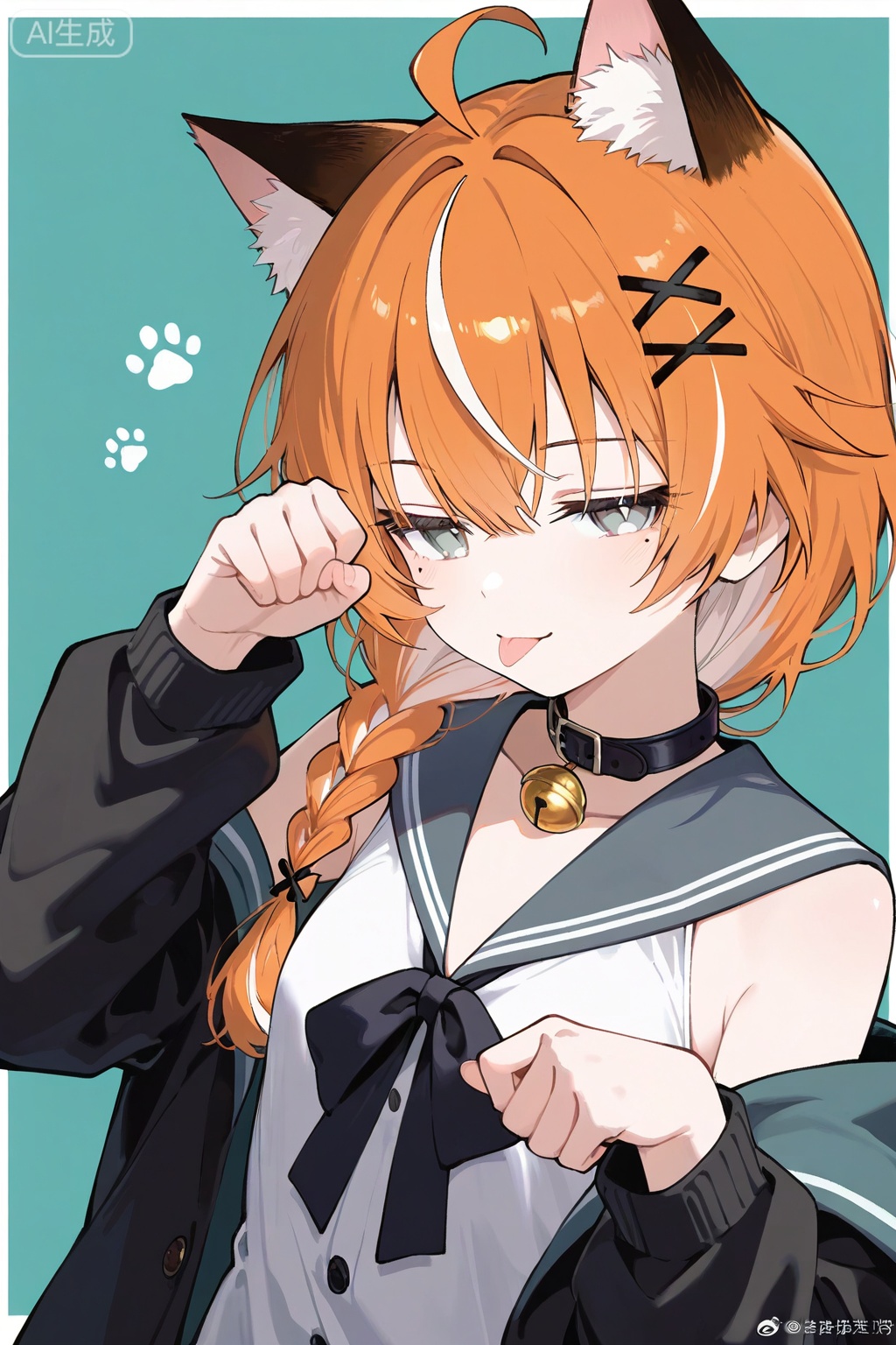 1girl, animal ears, tongue, solo, neck bell, tongue out, bell, hair ornament, sailor collar, green background, paw pose, collar, braid, upper body, looking at viewer, bow, hairclip, multicolored hair, mole under eye, weibo username, collarbone, jacket, hair between eyes, streaked hair, animal ear fluff, sleeveless, shirt, black collar, long hair, white hair, x hair ornament, bowtie, off shoulder, orange hair, blue sailor collar, ahoge, weibo logo, cat ears, black bow, black jacket, long sleeves, mole, open clothes, white shirt, buttons, :p, hair over shoulder, single braid, sleeveless shirt, eyelashes, choker, simple background, open jacket, black bowtie, bare shoulders, white border, hands up, grey sailor collar, breasts, black choker, jacket partially removed, half-closed eyes, jingle bell, two-tone background, grey eyes, virtual youtuber
