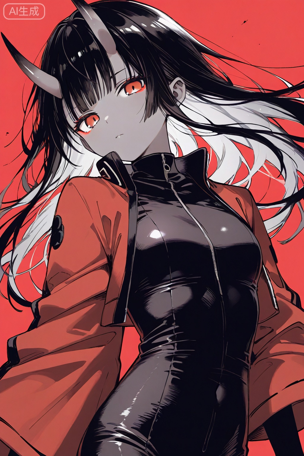 (best quality),(amazing quality),(very aesthetic),1girl,solo,oni horns,looking at viewer,long hair,simple background,closed mouth,red background,red theme,greyscale with colored background,black hair with red streaks,stylized jacket,wide sleeves,high collar,dark skin,dark-skinned female,bodysuit,red eyes,upper body,sketch,limited palette,