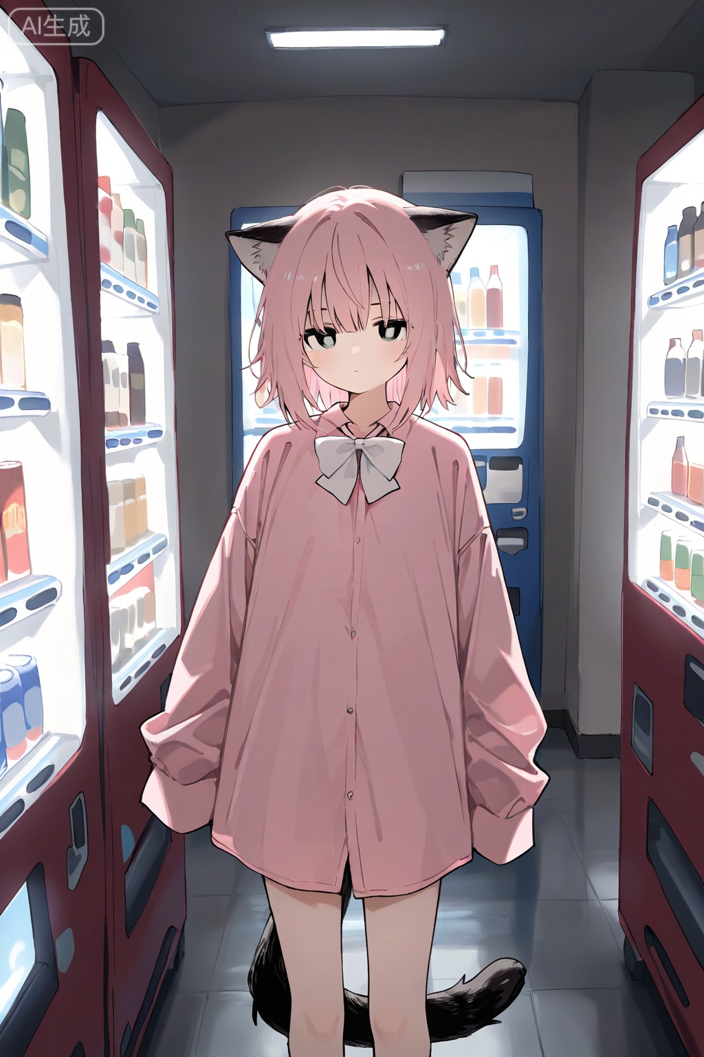 masterpiece, best quality, doremifaso64, 1girl, solo, looking at viewer, shirt, long sleeves, bow, animal ears, standing, tail, pink hair, indoors, bowtie, black eyes, sleeves past wrists, feet out of frame, white bow, sleeves past fingers, pink shirt, oversized clothes, vending machine,sketch,