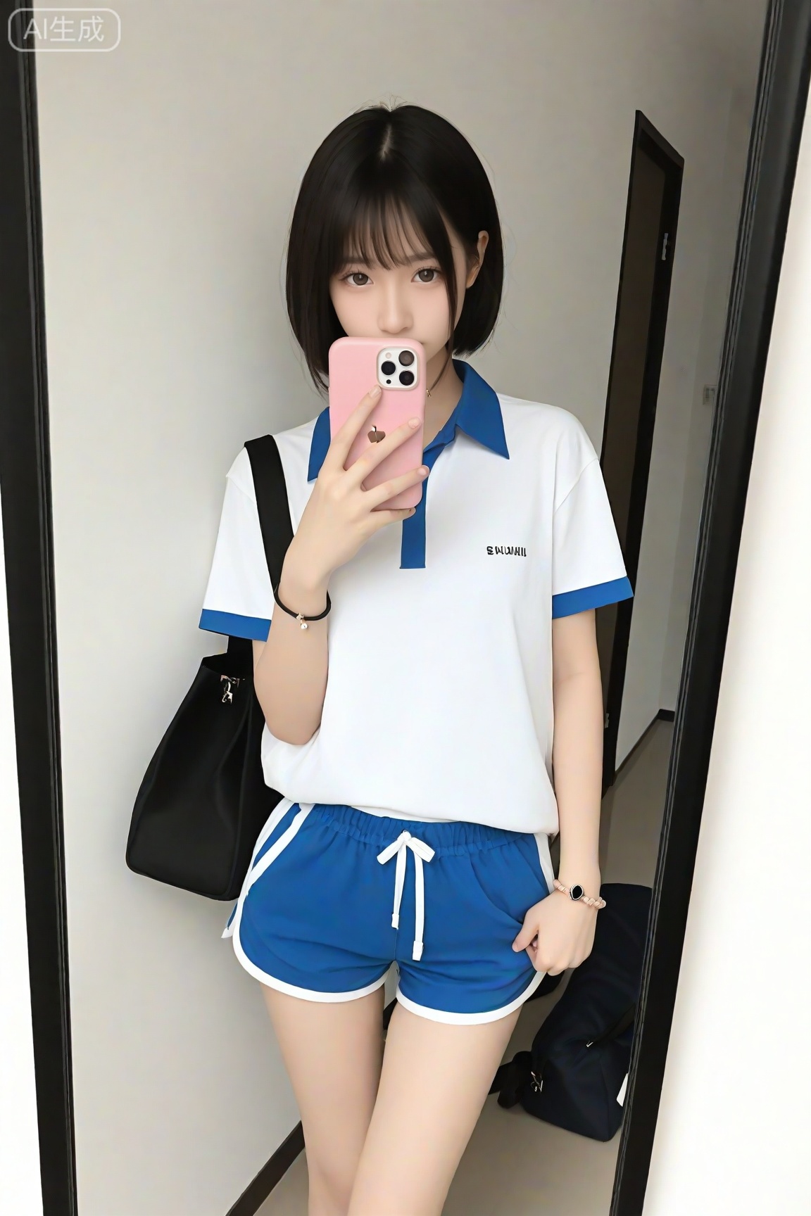 score_9, score_8_up, score_7_up,1girl, flat chest,oversized collared polo shirt,white wall,short sleeve,,blue shorts, dark hair,sad,,looking at viewer,selfie,holding pink phone,bracelet,dark bag,in mirror,long hai