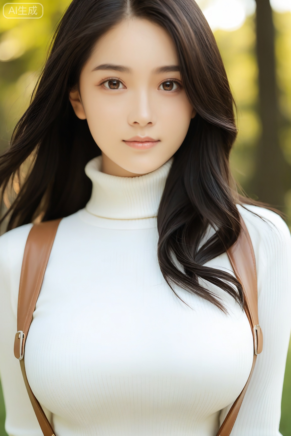 score_9, score_8_up, score_7_up, score_6_up, realistic, photo, dynamic angle, dramatic shadows, detailed face hair and eyes, detailed skin, depth of field, BREAK, 1girl, (cute:1.2), innocent and alluring, long hair, alternative vibe, brown eyes, large breasts, white turtleneck sweater, leather suspenders, portrait, outdoor, forest, looking at viewer, generous, serene