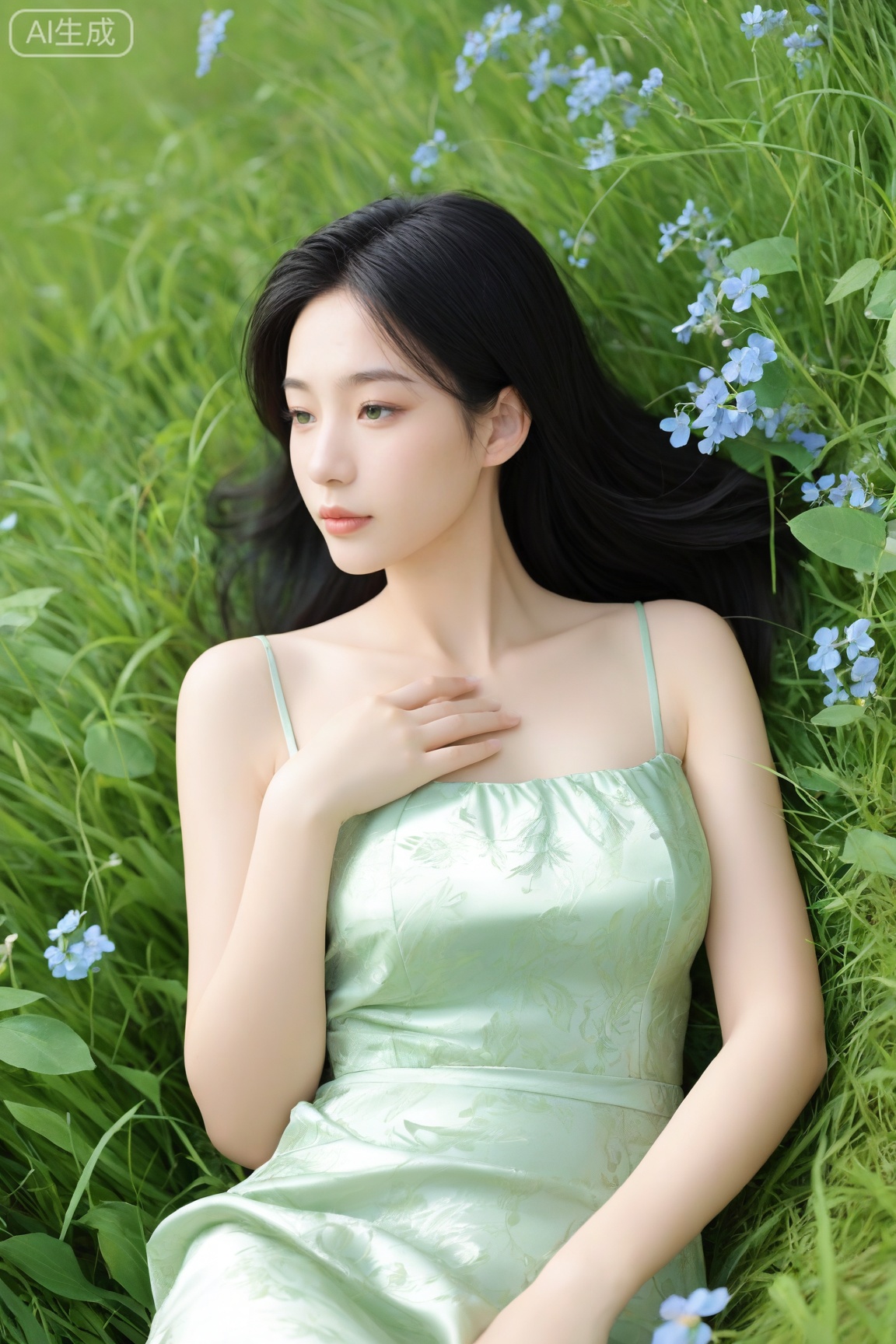 This is a high-resolution photograph featuring a young East Asian woman lying on a lush, green grassy ground, partially obscured by dense foliage. She has a fair complexion and long, straight black hair that cascades over her shoulders. Her facial features are delicate, with a small nose, full lips, and a serene expression. She is wearing a sleeveless, light green dress with a subtle floral pattern, which appears to be made of a soft, silky fabric. The dress is modest, with thin straps and a low-cut neckline, revealing her collarbone and upper chest. Her left hand gently touches her chest, while her right hand rests on the grass beside her. The background is filled with vibrant green leaves and small clusters of delicate blue flowers, adding a natural and serene ambiance to the scene. The overall mood of the photograph is tranquil and ethereal, with the woman appearing to be in a state of contemplation or relaxation amidst the verdant surroundings. ,score_9,score_8_up,score_7_up,source_real,realistic,photorealistic,