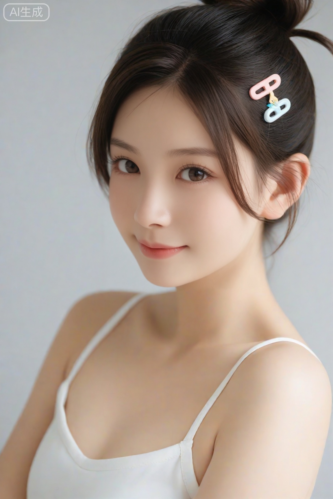 score_9, score_8_up, score_7_up,realistic,1girl, solo, upper body,folded ponytail,light smile,camisole,hair ornament,,cowlick,hairclip,hair tucking