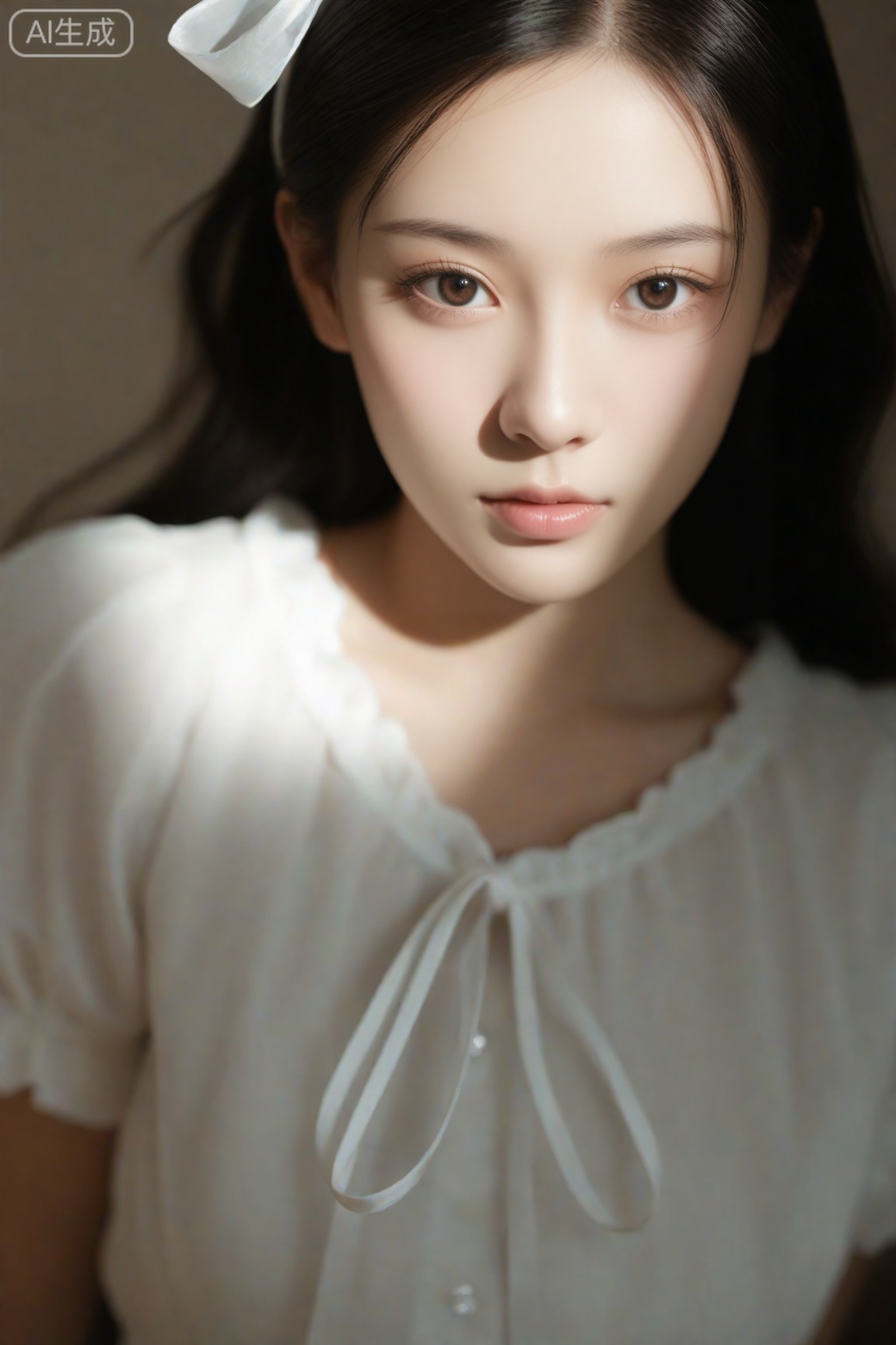 A serene portrait of a mysterious young woman, her soft gaze conveying a sense of quiet introspection. Her flowing dark hair cascades like a gentle stream, with a white ribbon subtly tied as if symbolizing purity. The lace detail of her blouse evokes a timeless, almost ethereal quality. The background is replaced with a smooth gradient, transitioning subtly from a soft pastel hue to a gentle, luminous tone, emphasizing her delicate features. The interplay of light and shadow on her face creates a poetic rhythm, allowing her elegance and beauty to stand out against the minimalist, dreamlike backdrop.
,score_9,score_8_up,score_7_up,source_real,realistic,photorealistic,score_9, score_8_up, score_7_up, score_6_up, realistic, photo, dynamic angle, dramatic shadows, detailed face hair and eyes, detailed skin, depth of field, BREAK,  (pale skin:1.2),very pale skin,(white skin:1.2),real skin,better picture quality,xiaohongshu_style,