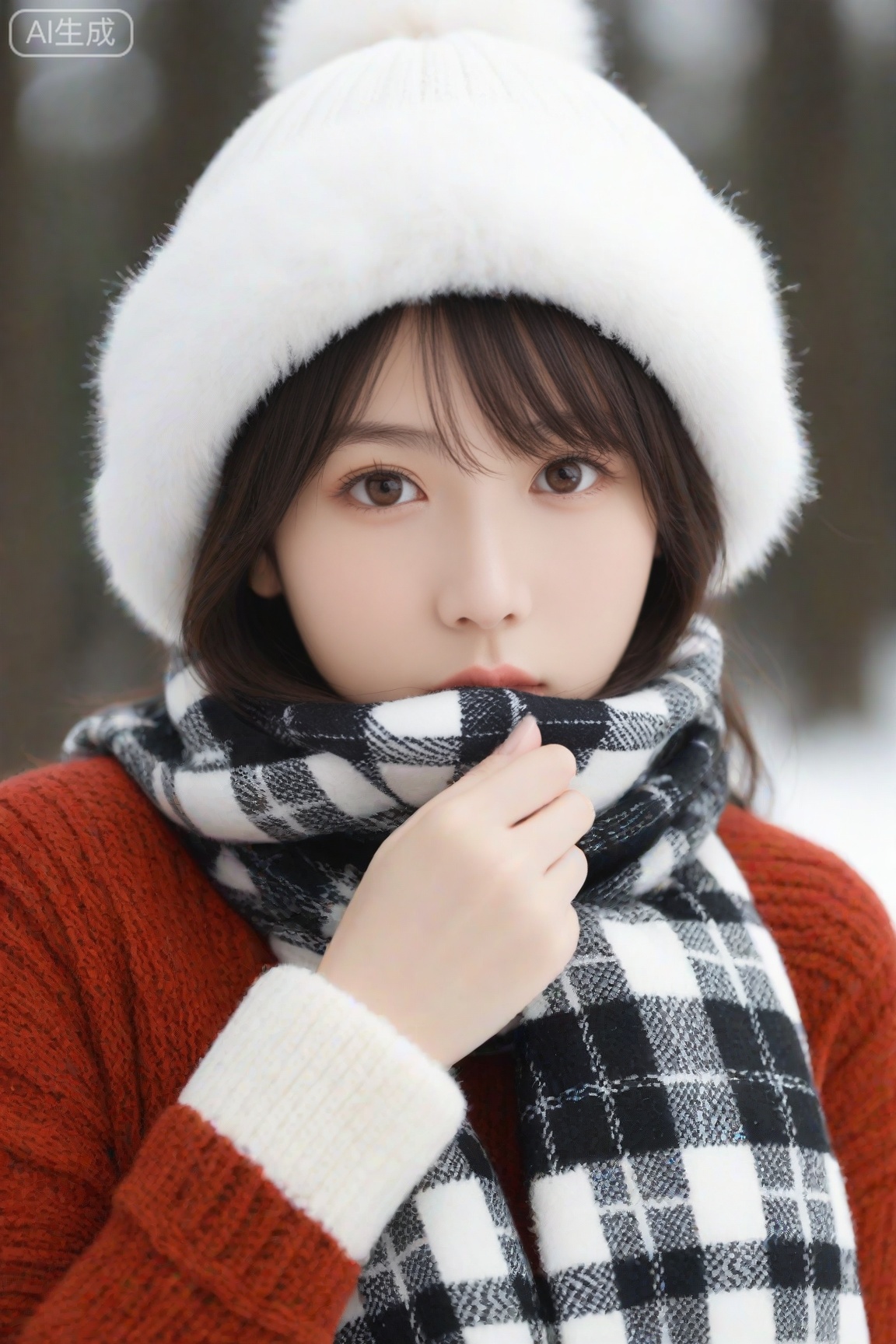 Photo of a young woman with fair skin and brown hair, wearing a thick, fluffy white knit hat and a red knitted sweater with a snowflake pattern. She is holding a black and white plaid scarf up to her face, partially covering her mouth. The background is blurred, with a cool blue color, suggesting a winter scene. Her eyes are looking directly at the camera, with a neutral expression. The lighting is soft and warm, creating a cozy atmosphere. The focus is on her face and scarf, with a shallow depth of field blurring the background. The overall mood is warm and inviting, despite the cold winter setting. ,score_9,score_8_up,score_7_up,source_real,realistic,photorealistic,
