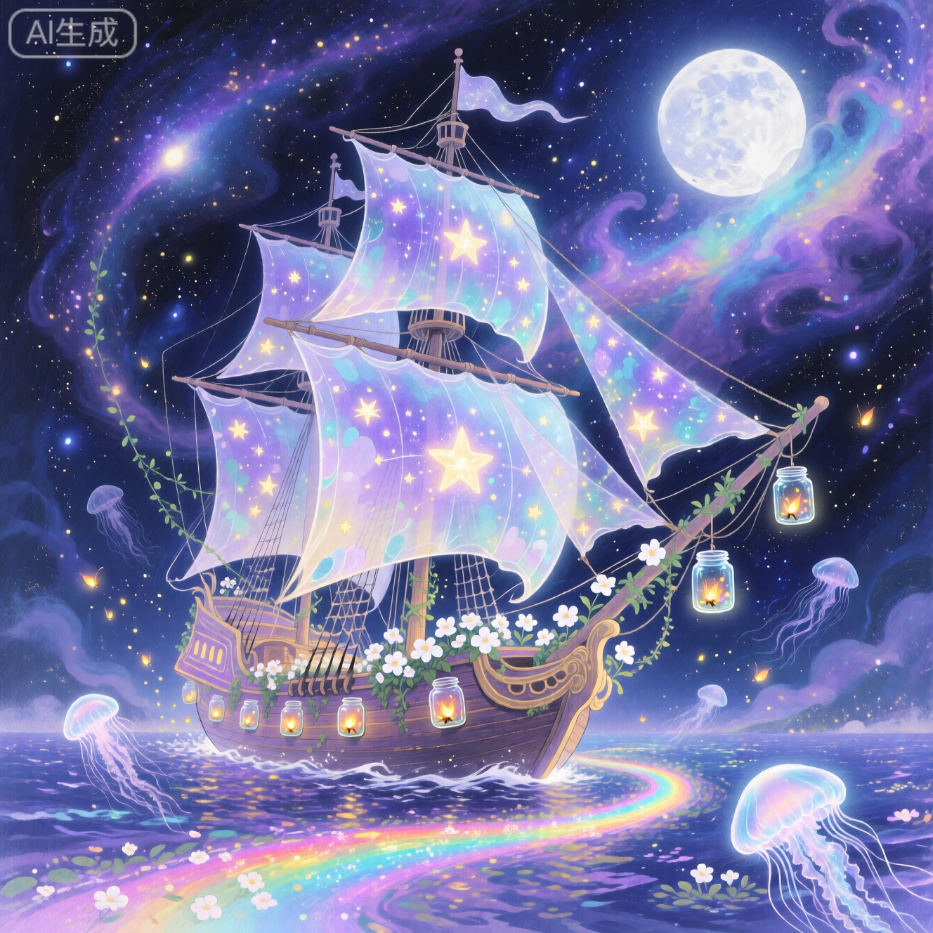 In the colorful nebula sea under the moonlight, a ghost ship covered with glowing vines sails slowly. The hull is made of lavender translucent material, and the sails are printed with flashing star patterns. Glass jars filled with fireflies hang on the mast of the ship. Glowing white flowers grow on the edge of the deck. A long colorful halo is trailed by the stern. Several transparent jellyfish swim around the hull. The overall picture is bright and soft, with a fantasy illustration texture and fresh and healing colors.