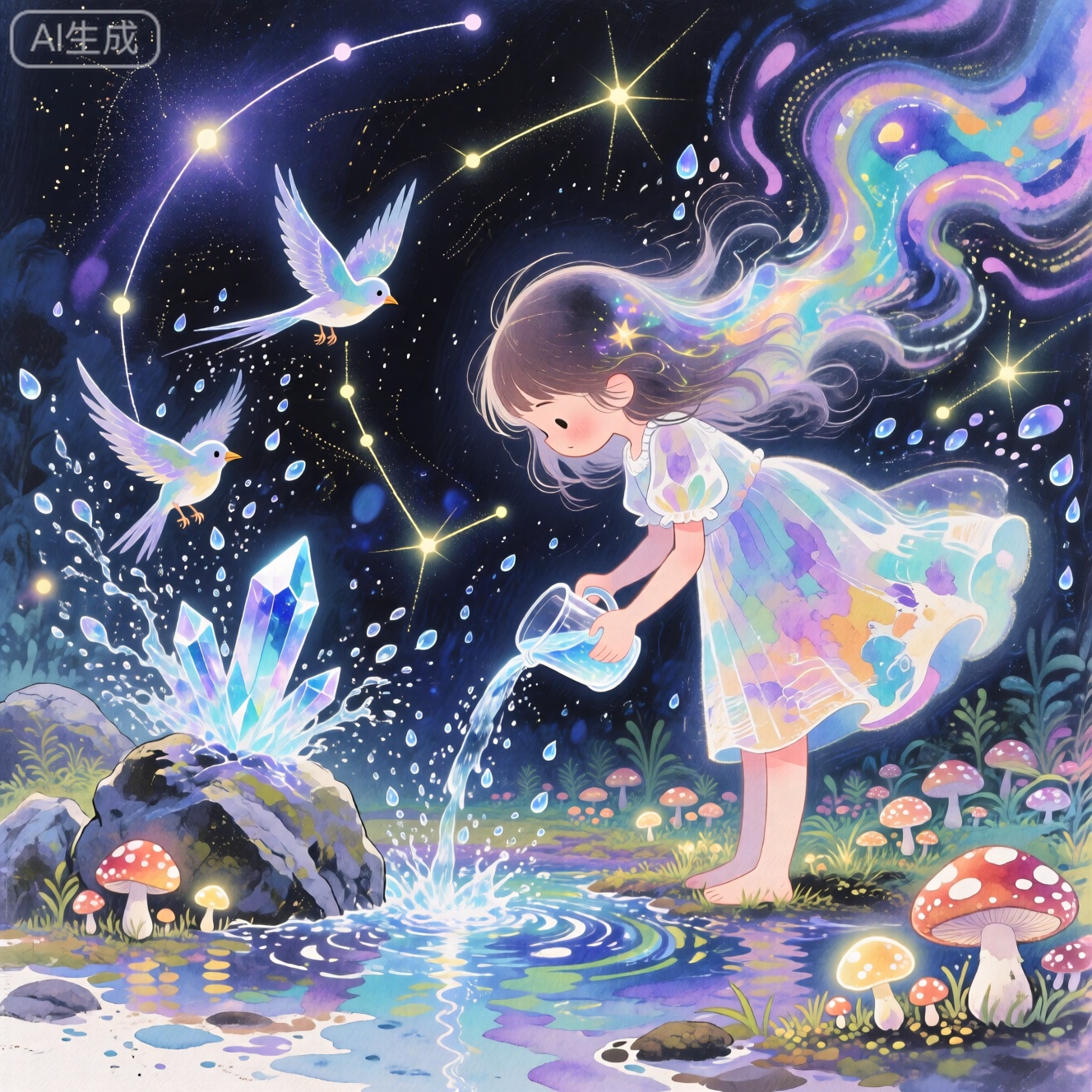 JYZGF, guohuaf, Child Graffiti Painting, mudiaoshanshui, masaikefeng, huoyangxiao, healing children's illustrations, creative animation, FLUX graffiti, magical animation style, a girl pours water by the Crescent Spring, the bottle flow hits the rocks and splashes crystal birds, the water drops fall to the ground and grow a luminous mushroom forest, the ripples reflect the twelve constellations, watercolor style