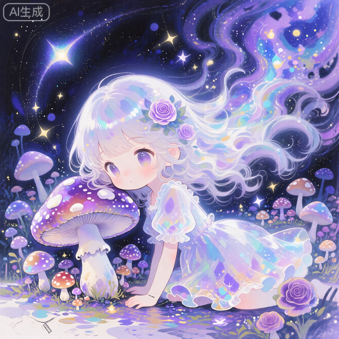 dmt art style,(a white chibi cute girl:1.3),(Dense mushrooms, of different heights, will shine:1.1),The girl leaned against the mushroom,Gleaming mushrooms,illusion,(catling:1.1),colorful,purple,blue,rose hermosa,Dream scene,
