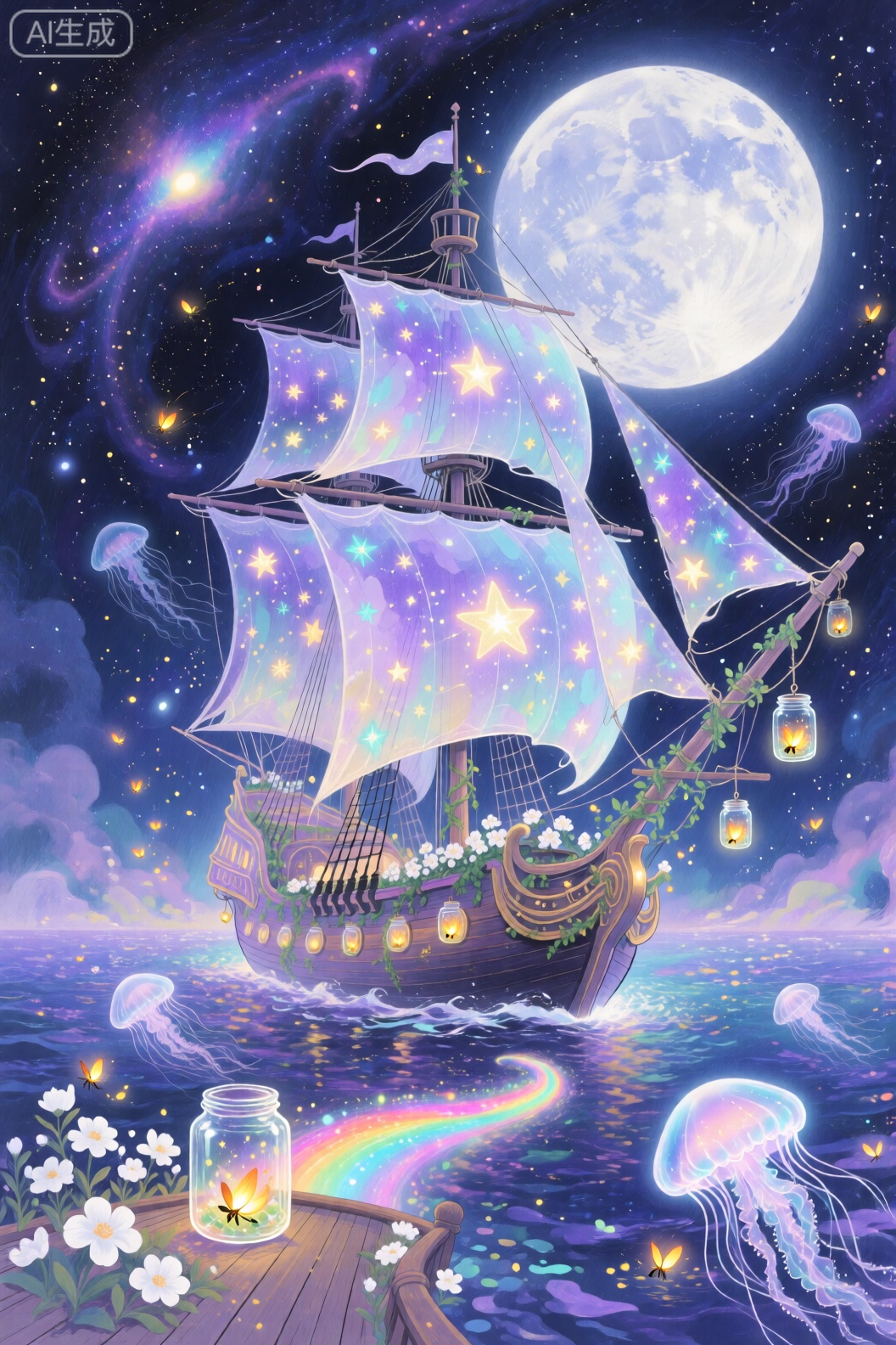 In the colorful nebula sea under the moonlight, a ghost ship covered with glowing vines sails slowly. The hull is made of lavender translucent material, and the sails are printed with flashing star patterns. Glass jars filled with fireflies hang on the mast of the ship. Glowing white flowers grow on the edge of the deck. A long colorful halo is trailed by the stern. Several transparent jellyfish swim around the hull. The overall picture is bright and soft, with a fantasy illustration texture and fresh and healing colors.