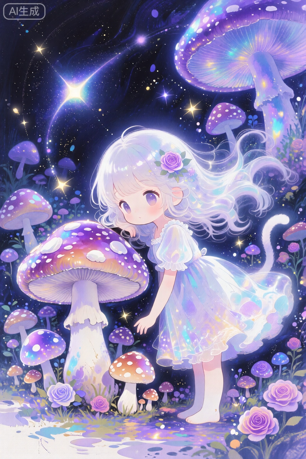 dmt art style,(a white chibi cute girl:1.3),(Dense mushrooms, of different heights, will shine:1.1),The girl leaned against the mushroom,Gleaming mushrooms,illusion,(catling:1.1),colorful,purple,blue,rose hermosa,Dream scene,

