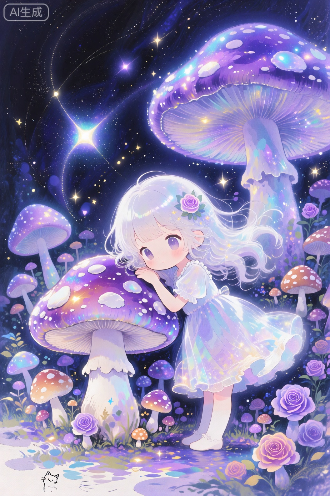 dmt art style,(a white chibi cute girl:1.3),(Dense mushrooms, of different heights, will shine:1.1),The girl leaned against the mushroom,Gleaming mushrooms,illusion,(catling:1.1),colorful,purple,blue,rose hermosa,Dream scene,
