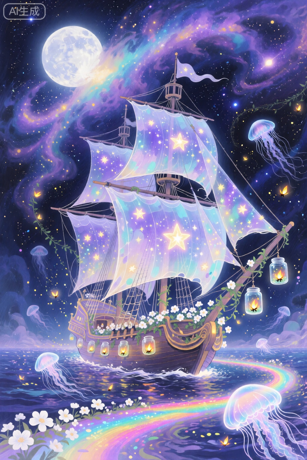 In the colorful nebula sea under the moonlight, a ghost ship covered with glowing vines sails slowly. The hull is made of lavender translucent material, and the sails are printed with flashing star patterns. Glass jars filled with fireflies hang on the mast of the ship. Glowing white flowers grow on the edge of the deck. A long colorful halo is trailed by the stern. Several transparent jellyfish swim around the hull. The overall picture is bright and soft, with a fantasy illustration texture and fresh and healing colors.