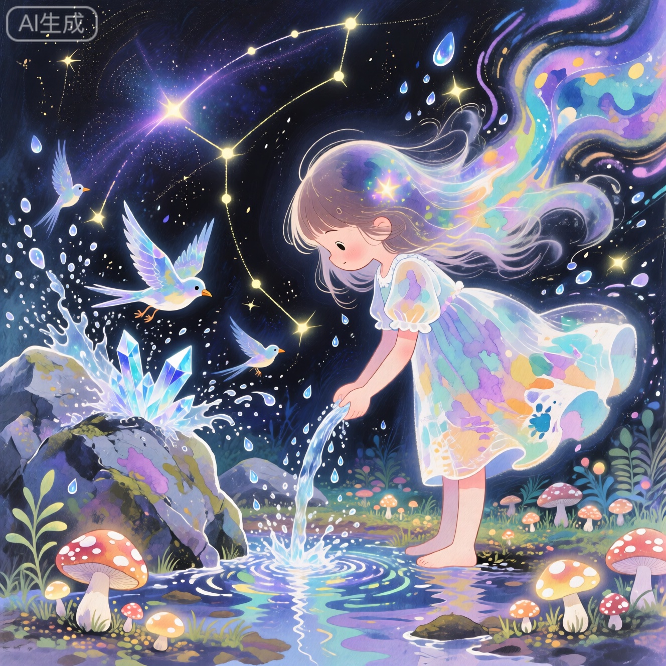 JYZGF, guohuaf, Child Graffiti Painting, mudiaoshanshui, masaikefeng, huoyangxiao, healing children's illustrations, creative animation, FLUX graffiti, magical animation style, a girl pours water by the Crescent Spring, the bottle flow hits the rocks and splashes crystal birds, the water drops fall to the ground and grow a luminous mushroom forest, the ripples reflect the twelve constellations, watercolor style