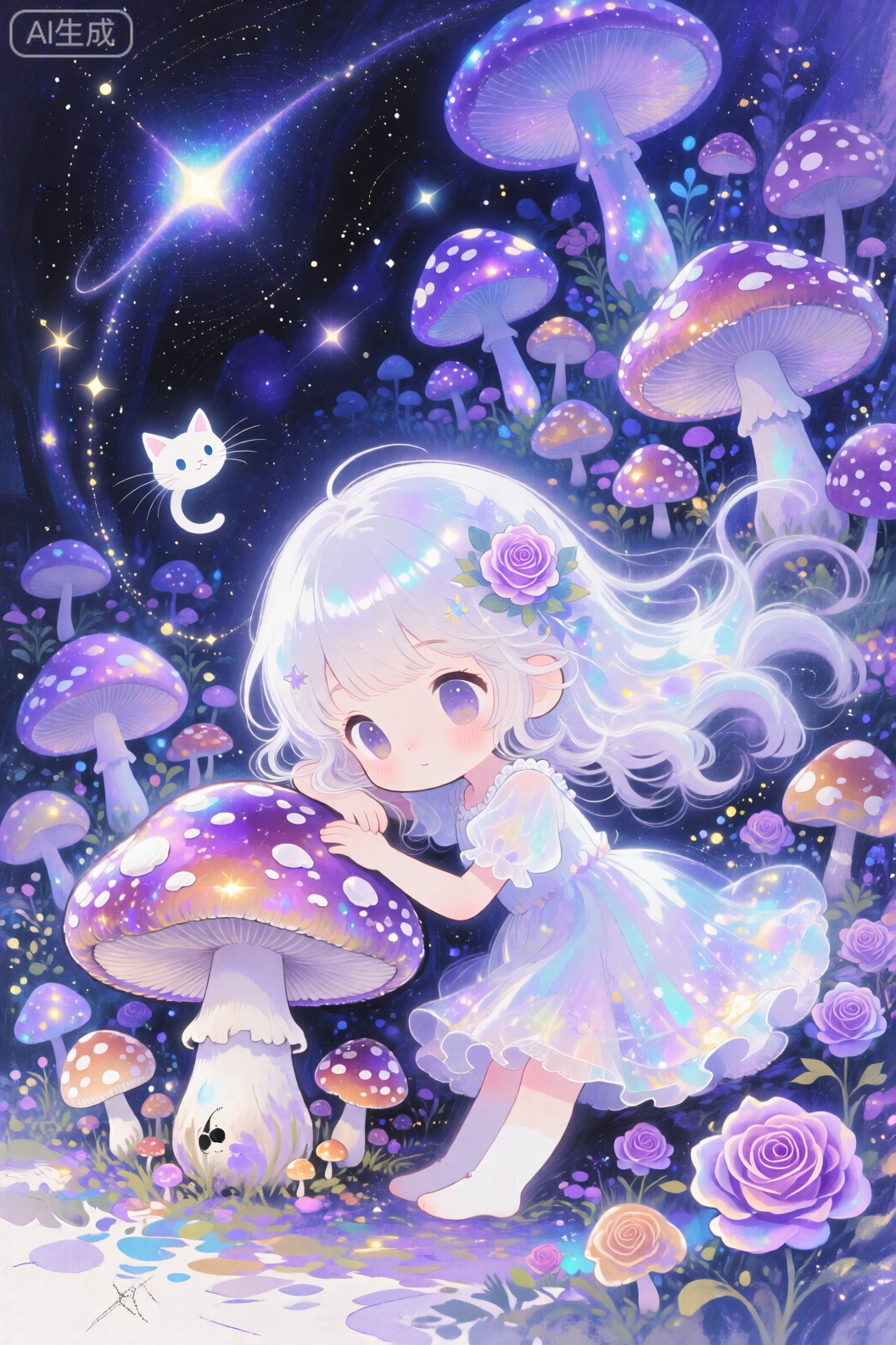 dmt art style,(a white chibi cute girl:1.3),(Dense mushrooms, of different heights, will shine:1.1),The girl leaned against the mushroom,Gleaming mushrooms,illusion,(catling:1.1),colorful,purple,blue,rose hermosa,Dream scene,
