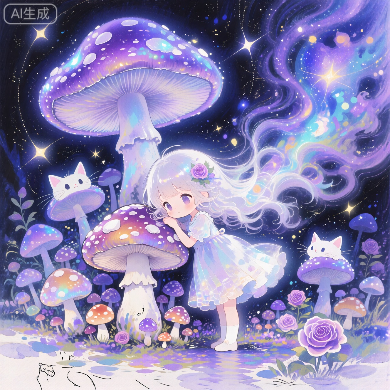 dmt art style,(a white chibi cute girl:1.3),(Dense mushrooms, of different heights, will shine:1.1),The girl leaned against the mushroom,Gleaming mushrooms,illusion,(catling:1.1),colorful,purple,blue,rose hermosa,Dream scene,
