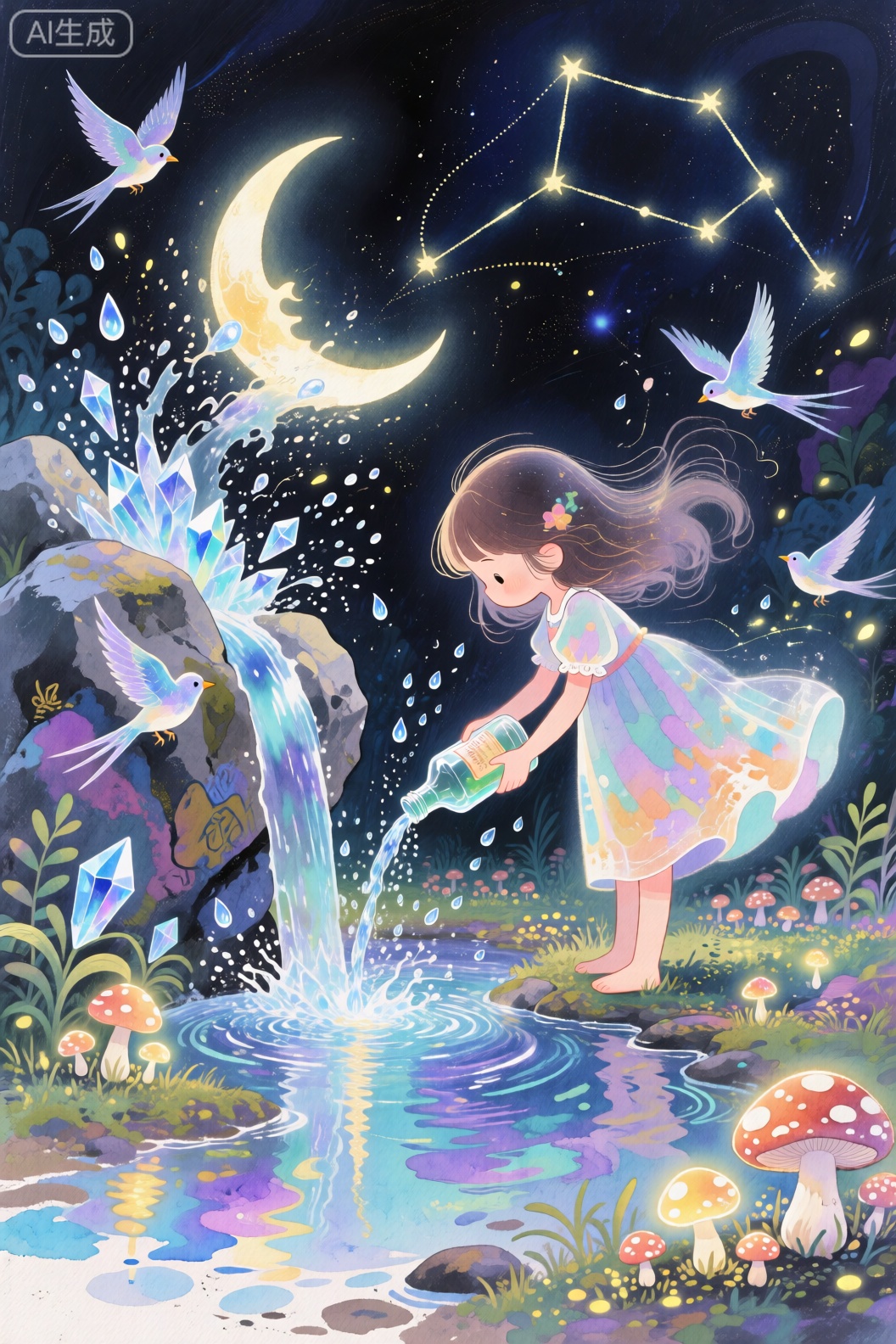 JYZGF, guohuaf, Child Graffiti Painting, mudiaoshanshui, masaikefeng, huoyangxiao, healing children's illustrations, creative animation, FLUX graffiti, magical animation style, a girl pours water by the Crescent Spring, the bottle flow hits the rocks and splashes crystal birds, the water drops fall to the ground and grow a luminous mushroom forest, the ripples reflect the twelve constellations, watercolor style