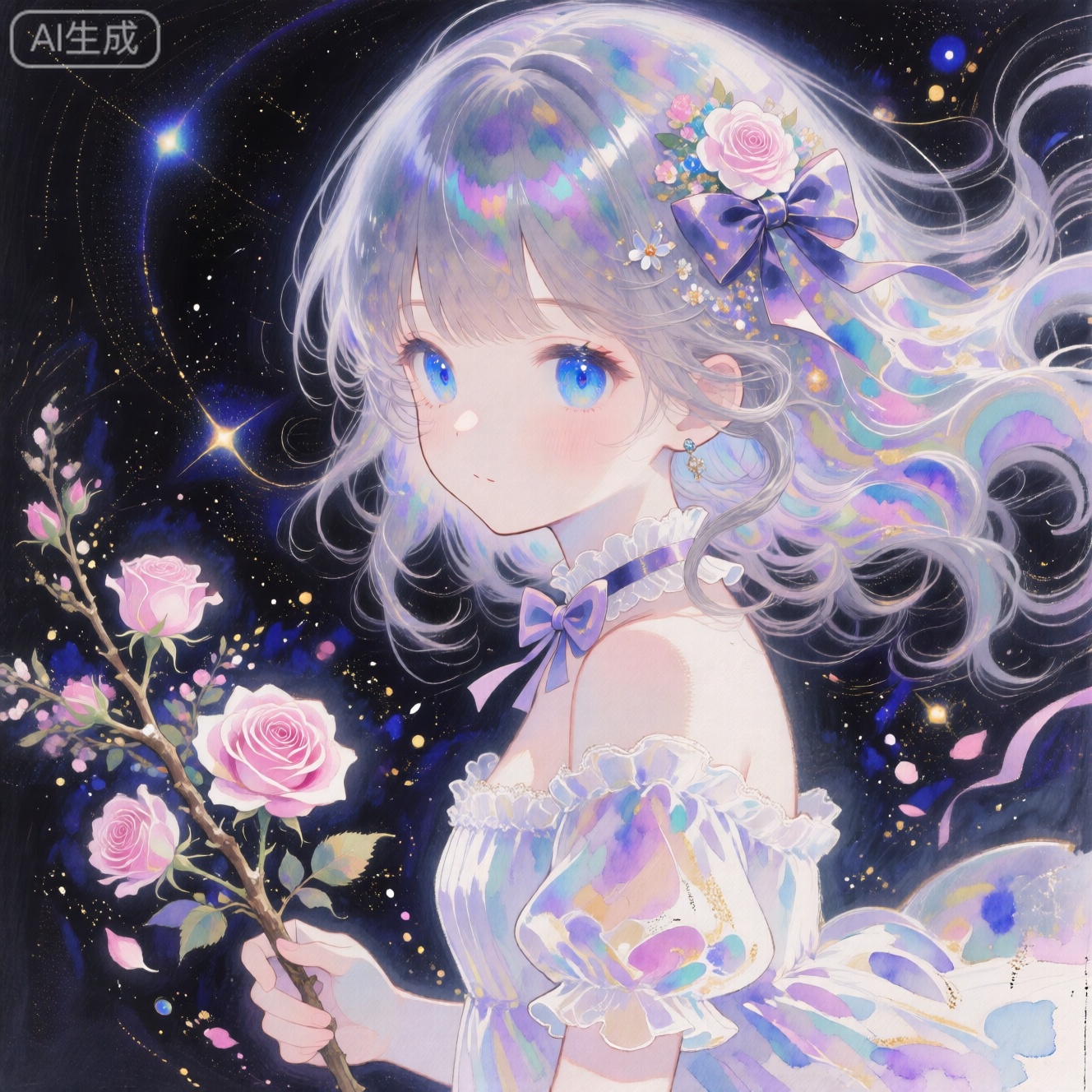 masterpiece,very aware,highres,absurdres,newest,best quality,loli,petite,high quality,chromatic_aberration,cinematic_angle,dutch angle, //,artist:ciloranko,artist:ningen_mame,artist:sho_(sho_lwlw),artist:rhasta,artist:wlop,artist:ke-ta,artist:hiten \(hitenkei\),//,1girl, solo, looking at viewer, bangs, blue eyes, hair ornament, dress, bow, ribbon, holding, bare shoulders, closed mouth, flower, hair bow, grey hair, hair flower, white dress, rose, drill hair, pink flower, branch, holding flower

