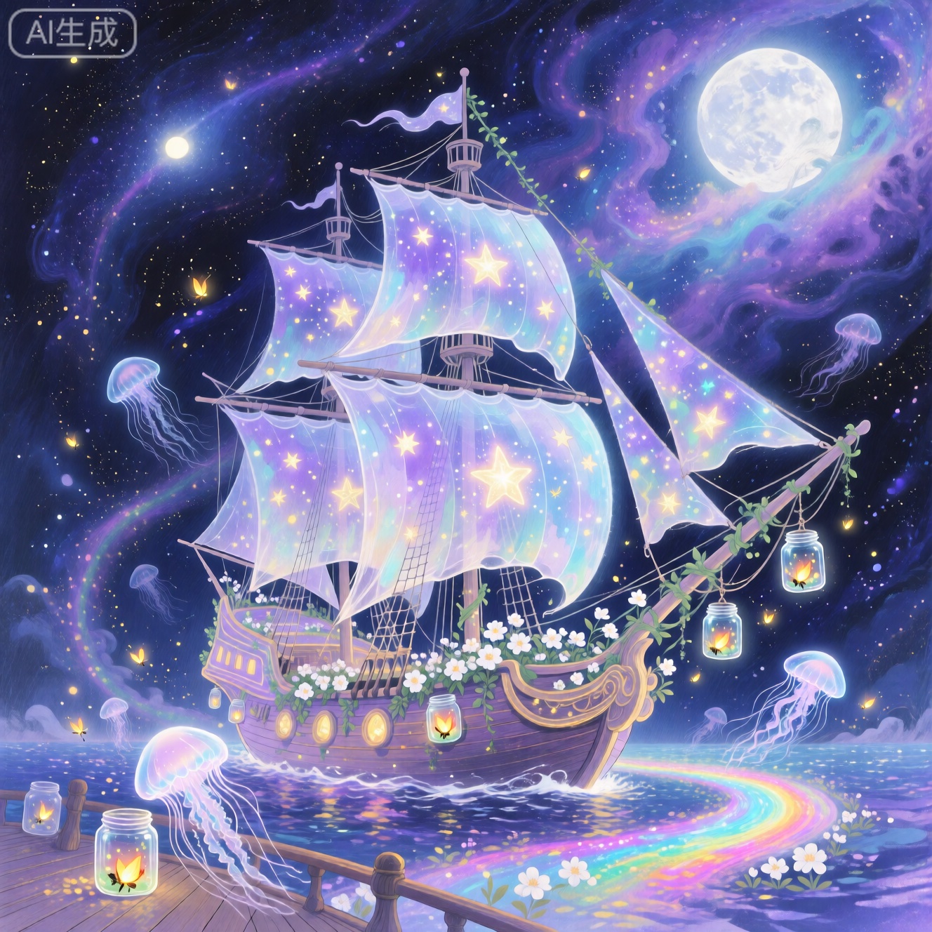 In the colorful nebula sea under the moonlight, a ghost ship covered with glowing vines sails slowly. The hull is made of lavender translucent material, and the sails are printed with flashing star patterns. Glass jars filled with fireflies hang on the mast of the ship. Glowing white flowers grow on the edge of the deck. A long colorful halo is trailed by the stern. Several transparent jellyfish swim around the hull. The overall picture is bright and soft, with a fantasy illustration texture and fresh and healing colors.