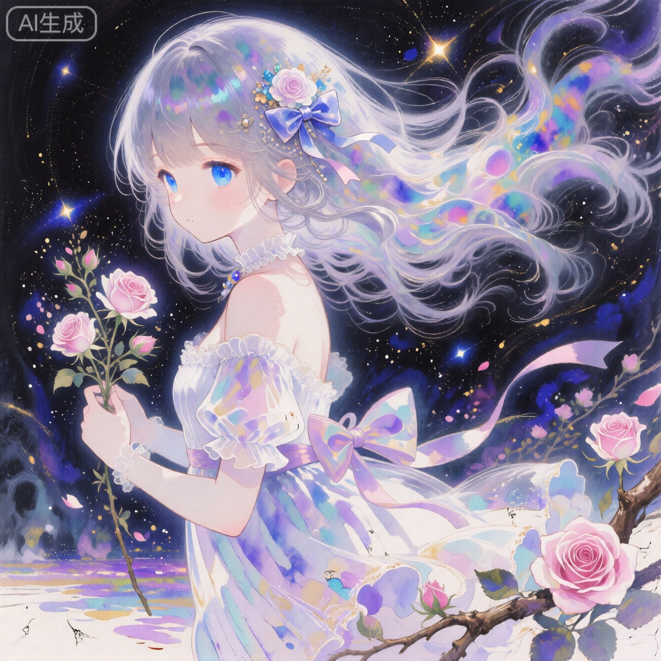 masterpiece,very aware,highres,absurdres,newest,best quality,loli,petite,high quality,chromatic_aberration,cinematic_angle,dutch angle, //,artist:ciloranko,artist:ningen_mame,artist:sho_(sho_lwlw),artist:rhasta,artist:wlop,artist:ke-ta,artist:hiten \(hitenkei\),//,1girl, solo, looking at viewer, bangs, blue eyes, hair ornament, dress, bow, ribbon, holding, bare shoulders, closed mouth, flower, hair bow, grey hair, hair flower, white dress, rose, drill hair, pink flower, branch, holding flower

