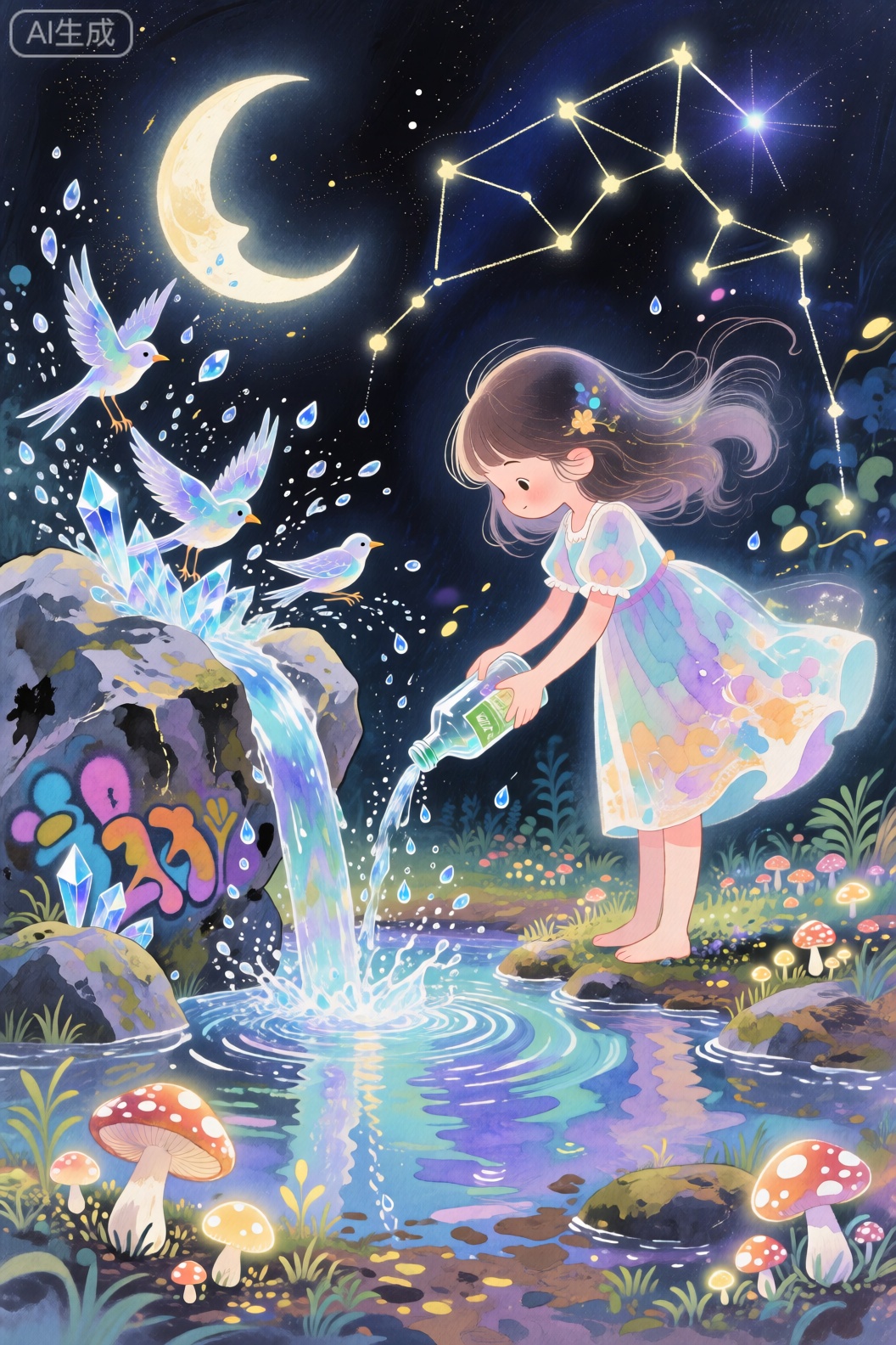 JYZGF, guohuaf, Child Graffiti Painting, mudiaoshanshui, masaikefeng, huoyangxiao, healing children's illustrations, creative animation, FLUX graffiti, magical animation style, a girl pours water by the Crescent Spring, the bottle flow hits the rocks and splashes crystal birds, the water drops fall to the ground and grow a luminous mushroom forest, the ripples reflect the twelve constellations, watercolor style