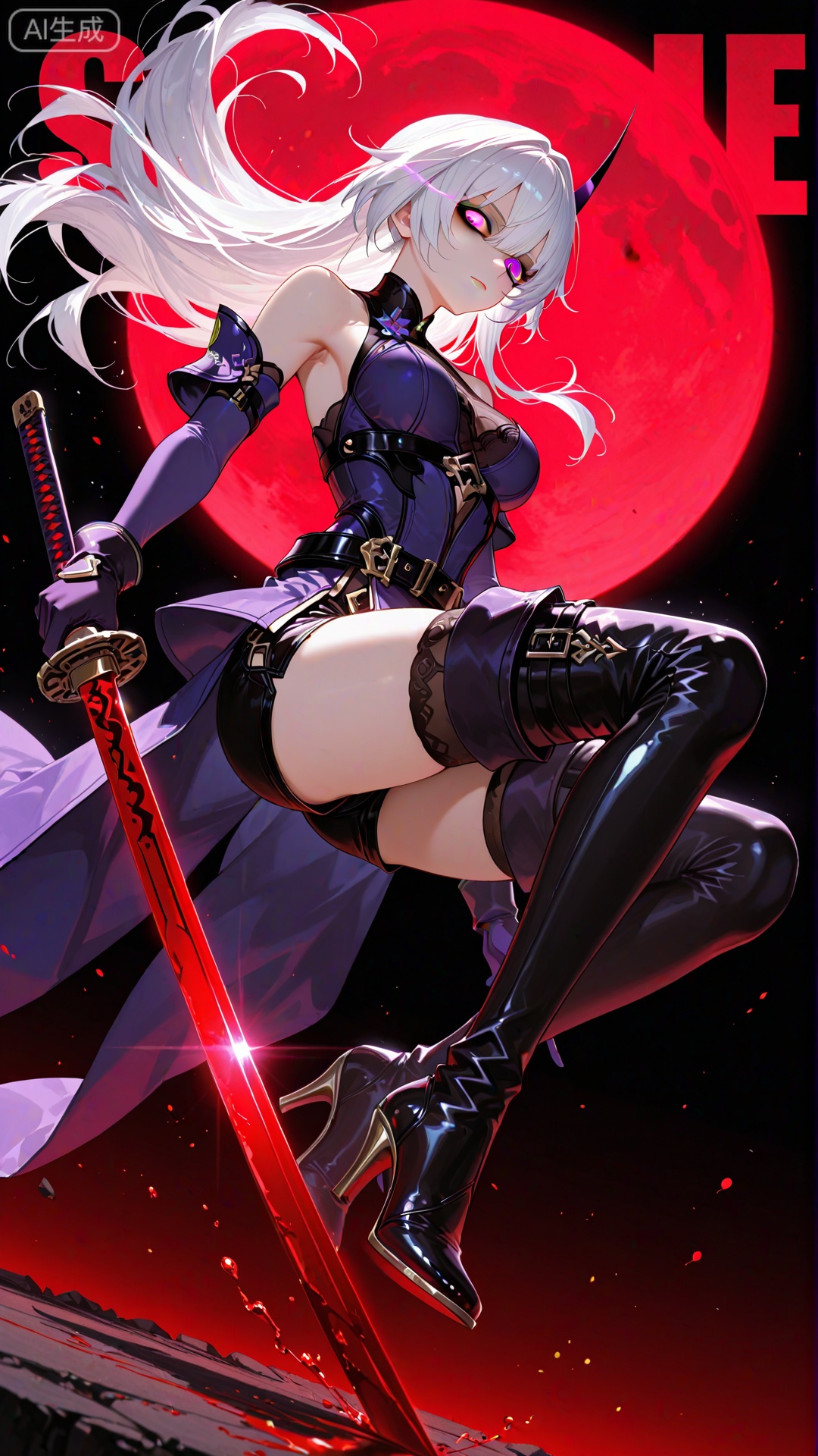 score_9,score_8_up,score_7_up,score_6_up,score_5_up,score_4_up,
XUER guangying,1girl,solo,long hair,breasts,looking at viewer,bangs,thighhighs,gloves,holding,hair between eyes,bare shoulders,closed mouth,purple eyes,full body,weapon,white hair,boots,shorts,black gloves,elbow gloves,belt,sword,armpits,black footwear,holding weapon,high heels,short shorts,blood,glowing,thigh boots,holding sword,black shorts,katana,black background,high heel boots,purple gloves,glowing eye,red sky,raiden mei,
highly detailed,ultra-high resolution,32K UHD,sharp focus,best-quality,masterpiece,Emotionalization,golden hour,unconventional supreme masterpiece,masterful details,temperate atmosphere,with a high-end texture,in the style of fashion photography,magazine cover,Dynamic Angle,Dynamic posture,