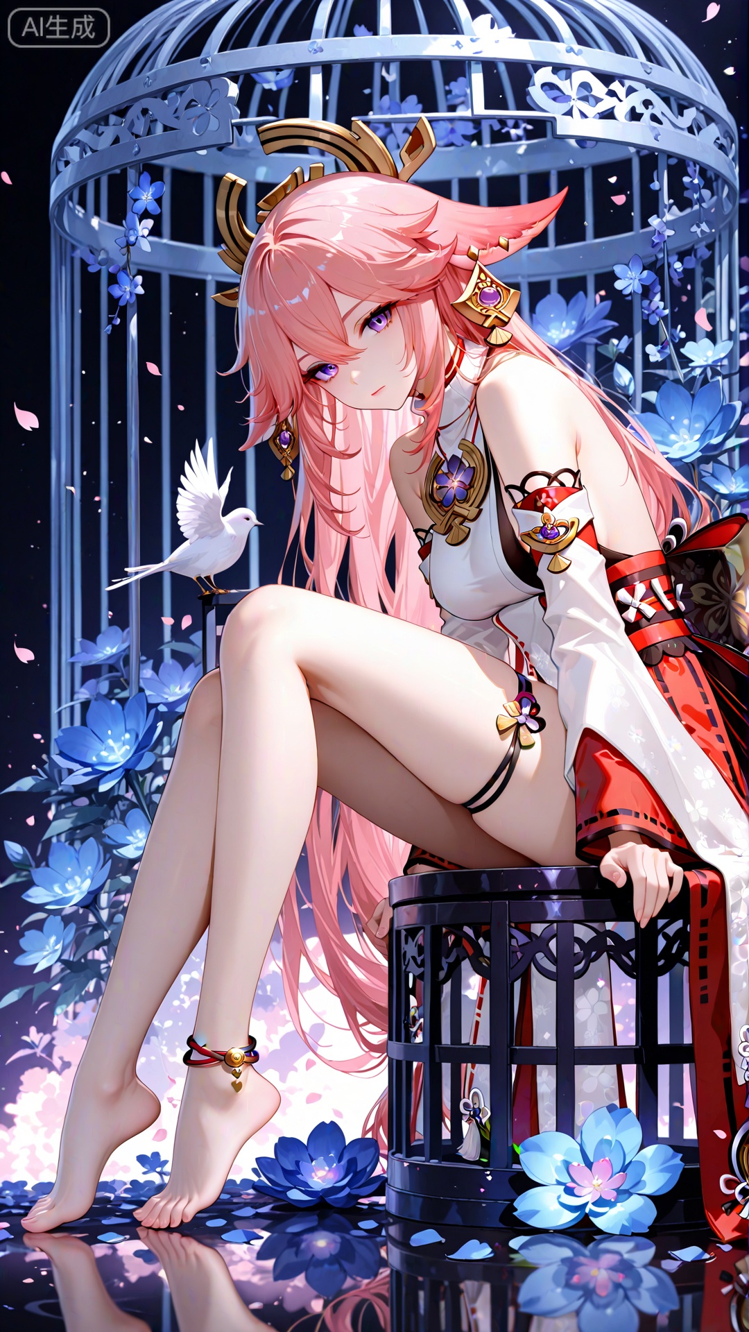 1girl, long hair, pink hair, solo, yae miko, barefoot, anklet, animal ears, sitting, flower, bird, detached sleeves, fox ears, breasts, feet, jewelry, very long hair, purple eyes, bare shoulders, toes, bangs, legs, earrings, bare legs, cage, thighs, full body, crop top, from side, hair ornament, reflection, wide sleeves, petals, hair between eyes, medium breasts, thigh strap, closed mouth, looking at viewer, blue flower