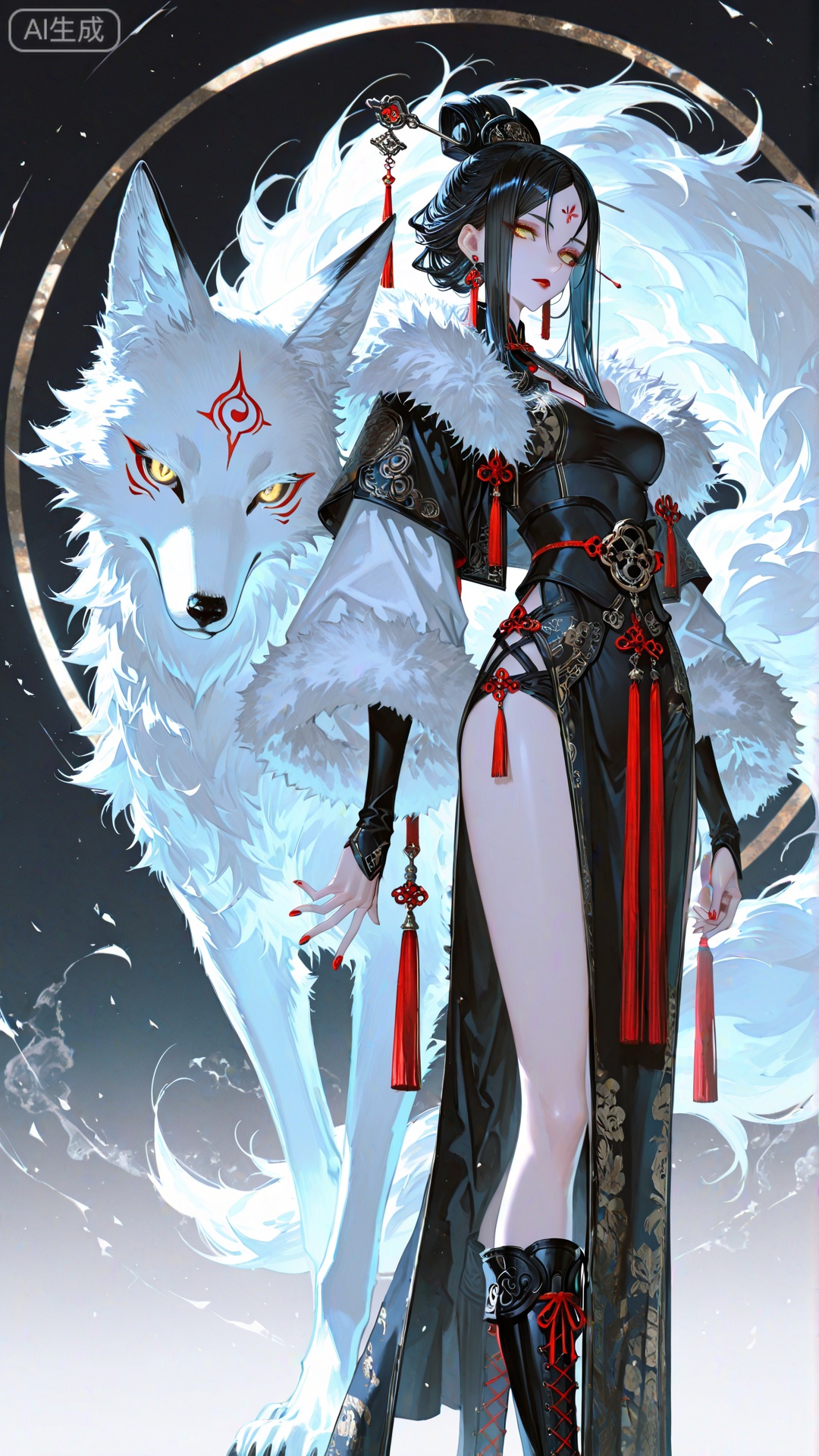 g,Chinese fantasy style,1girl,solo,breasts,looking at viewer,black hair,hair ornament,jewelry,yellow eyes,earrings,boots,nail polish,fur trim,facial mark,chinese clothes,tassel,forehead mark,red lips,hair stick,fur,fox,
,
(artist:quasarcake:0.8),extreme aesthetic,(wlop:0.6),honjou honjou raita,lack,rella,wanke,raita,masterpiece,best quality,good quality,newest,year 2024,year 2023,very aesthetic,absurdres,Visual impact,A shot with tension,
ultra-high resolution,32K UHD,sharp focus,best-quality,masterpiece,Emotionalization,unconventional supreme masterpiece,masterful details,temperate atmosphere,with a high-end texture,in  the style of fashion photography,(Visual impact:1.2),giving the poster a dynamic and visually striking appearance,impactful picture,
offcial art,movie perspective,masterpiece,best quality,amazing quality,very aesthetic,absurdres,best quality,newest,dynamic_angle,