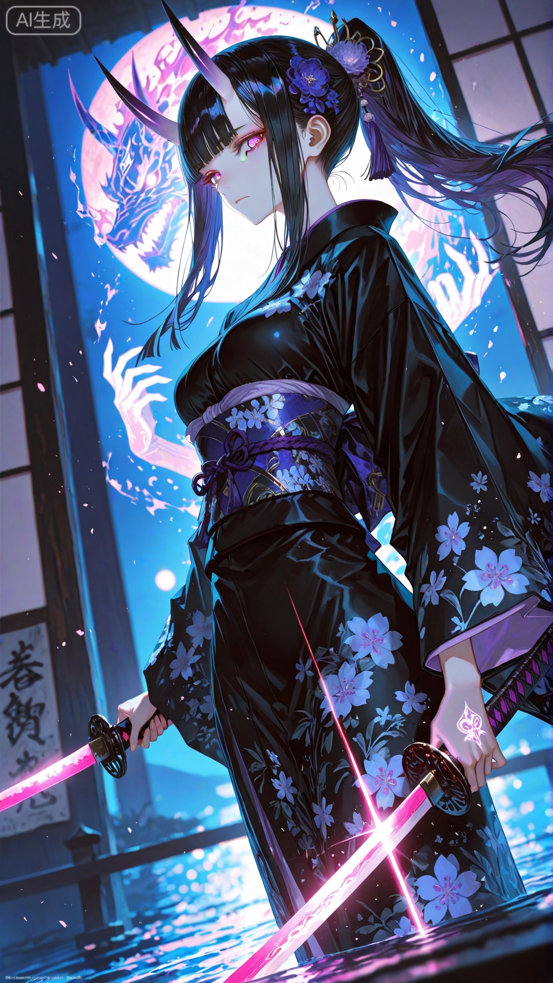 1girl,solo,long hair,breasts,looking at viewer,bangs,black hair,hair ornament,long sleeves,holding,medium breasts,closed mouth,standing,purple eyes,ponytail,weapon,cowboy shot,outdoors,japanese clothes,horns,sword,wide sleeves,blunt bangs,kimono,water,holding weapon,blurry,sash,night,floating hair,depth of field,glowing,holding sword,obi,floral print,katana,glowing eyes,oni horns,black kimono,,(artist:quasarcake:0.8),extreme aesthetic,(wlop:0.6),honjou honjou raita,lack,rella,wanke,raita,masterpiece,best quality,good quality,newest,year 2024,year 2023,very aesthetic,absurdres,Visual impact,A shot with tension,ultra-high resolution,32K UHD,sharp focus,best-quality,masterpiece,Emotionalization,unconventional supreme masterpiece,masterful details,temperate atmosphere,with a high-end texture,in  the style of fashion photography,(Visual impact:1.2),giving the poster a dynamic and visually striking appearance,impactful picture,offcial art,colorful,movie perspective,masterpiece,best quality,amazing quality,very aesthetic,absurdres,best quality,newest,dynamic_angle,cinematic_angle,dutch angle,foreshortening,
Negative prompt: (worst quality, low quality, very displeasing, lowres),(interlocked fingers, badly drawn hands and fingers, anatomically incorrect hands),blurry,watermark,multiple views,comic,censored,jpeg artifacts,patreon logo,patreon username,web address,signature,watermark,text,logo,artist name,safe_neg,unfinished,displeasing,oldest,early,chromatic aberration,signature,artistic error,scan,
