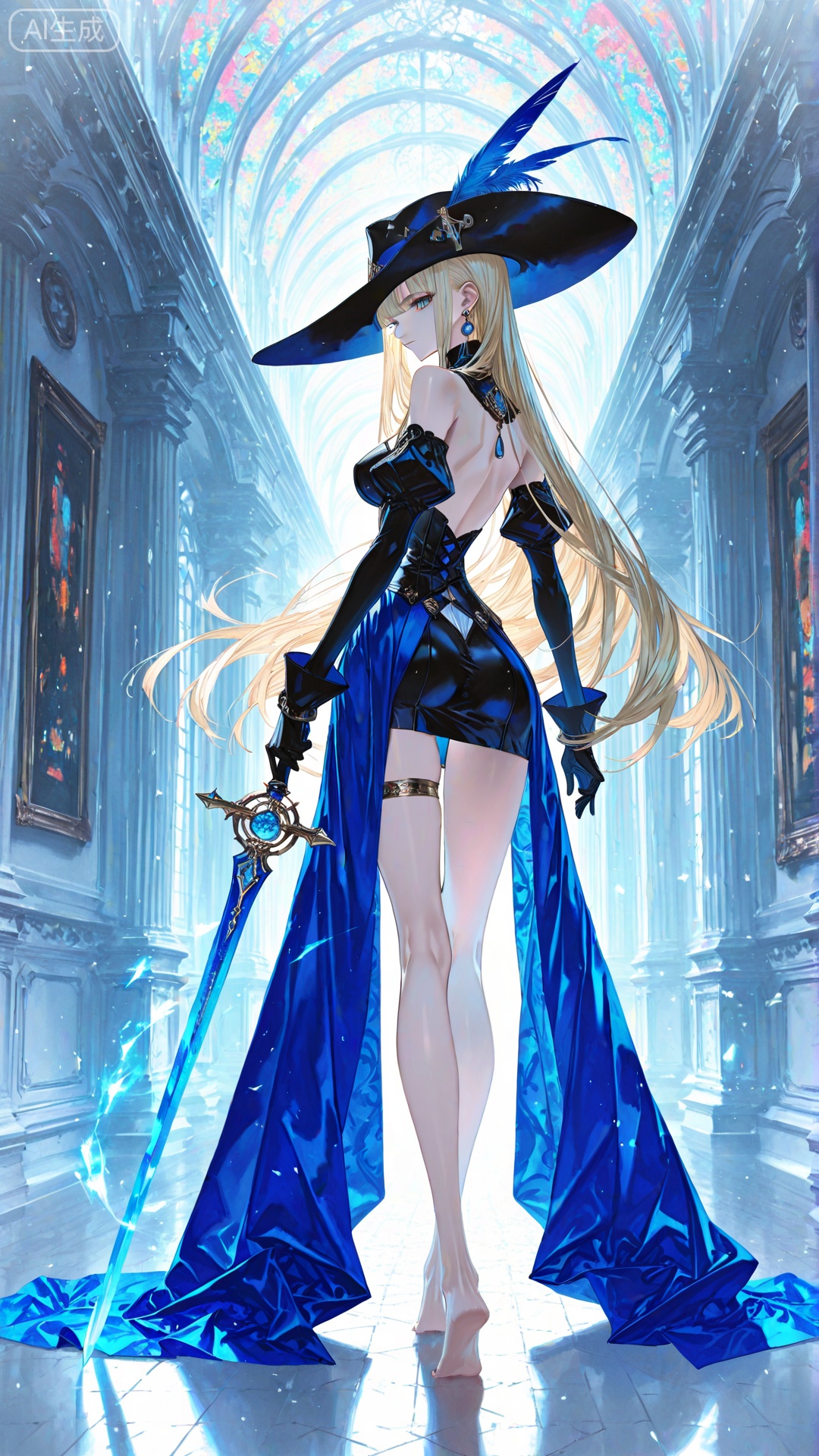 1girl,solo,long hair,breasts,looking at viewer,bangs,blue eyes,blonde hair,gloves,hat,bow,bare shoulders,jewelry,very long hair,closed mouth,standing,weapon,earrings,barefoot,looking back,from behind,thigh strap,thighlet,hat feather,
,
(artist:quasarcake:0.8),extreme aesthetic,(wlop:0.6),honjou honjou raita,lack,rella,wanke,raita,masterpiece,best quality,good quality,newest,year 2024,year 2023,very aesthetic,absurdres,Visual impact,A shot with tension,
ultra-high resolution,32K UHD,sharp focus,best-quality,masterpiece,Emotionalization,unconventional supreme masterpiece,masterful details,temperate atmosphere,with a high-end texture,in  the style of fashion photography,(Visual impact:1.2),giving the poster a dynamic and visually striking appearance,impactful picture,
offcial art,colorful,movie perspective,masterpiece,best quality,amazing quality,very aesthetic,absurdres,best quality,newest,