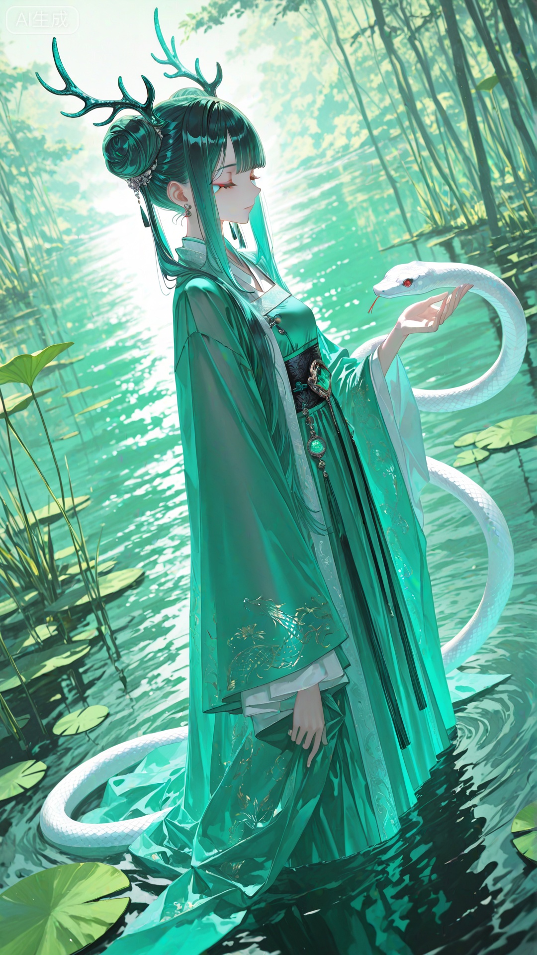1girl,solo,long hair,bangs,long sleeves,closed mouth,closed eyes,sidelocks,outdoors,green hair,horns,wide sleeves,water,hair bun,double bun,aqua hair,animal,chinese clothes,wading,fish,snake,antlers,green theme,lily pad,hanfu,(artist:quasarcake:0.8),extreme aesthetic,(wlop:0.6),honjou honjou raita,lack,rella,wanke,raita,masterpiece,best quality,good quality,newest,year 2024,year 2023,very aesthetic,absurdres,Visual impact,A shot with tension,
ultra-high resolution,32K UHD,sharp focus,best-quality,masterpiece,Emotionalization,unconventional supreme masterpiece,masterful details,temperate atmosphere,with a high-end texture,in  the style of fashion photography,(Visual impact:1.2),giving the poster a dynamic and visually striking appearance,impactful picture,
offcial art,colorful,movie perspective,masterpiece,best quality,amazing quality,very aesthetic,absurdres,best quality,newest,dynamic_angle,cinematic_angle,dutch angle,foreshortening,from_side,face_focus,eyes_focus,close-up,