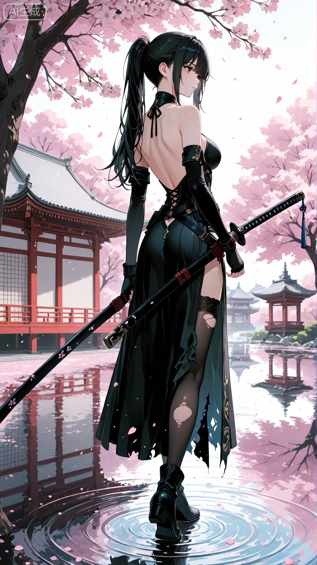score_9,score_8_up,score_7_up,score_6_up,score_5_up,score_4_up,
X1girl,solo,long hair,breasts,black hair,gloves,dress,holding,bare shoulders,closed mouth,standing,full body,ponytail,weapon,outdoors,elbow gloves,sword,fingerless gloves,water,holding weapon,tree,torn clothes,petals,holding sword,katana,cherry blossoms,sheath,walking,backless outfit,architecture,east asian architecture,ripples,