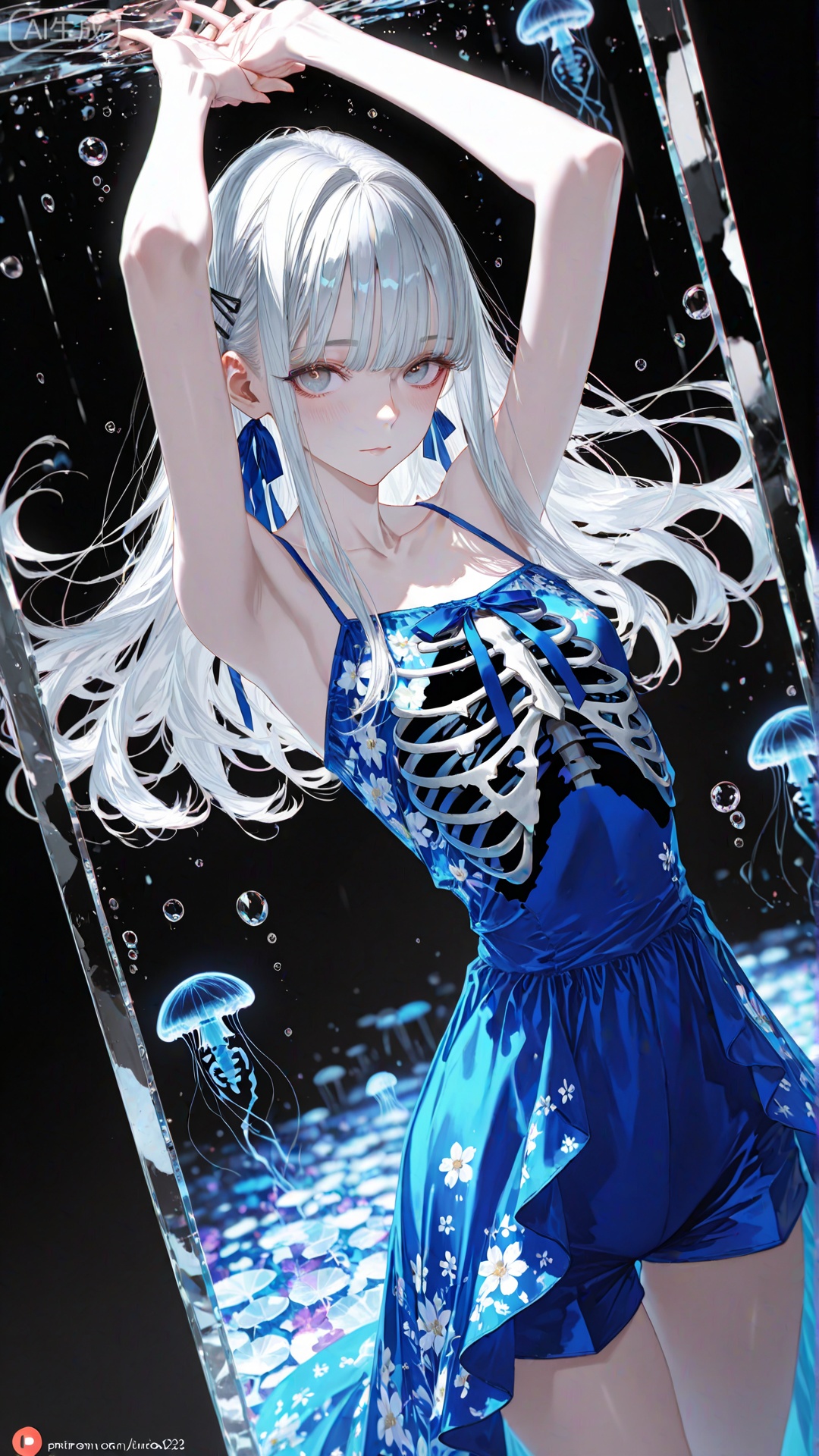 1girl,solo,long hair,looking at viewer,blush,bangs,dress,ribbon,closed mouth,collarbone,white hair,cowboy shot,shorts,arms up,grey eyes,floral print,blue ribbon,black background,bubble,ribs,skeleton,bone,jellyfish,glass,clear glass,broken glass,,(artist:quasarcake:0.8),extreme aesthetic,(wlop:0.6),honjou honjou raita,lack,rella,wanke,raita,masterpiece,best quality,good quality,newest,year 2024,year 2023,very aesthetic,absurdres,Visual impact,A shot with tension,ultra-high resolution,32K UHD,sharp focus,best-quality,masterpiece,Emotionalization,unconventional supreme masterpiece,masterful details,temperate atmosphere,with a high-end texture,in  the style of fashion photography,(Visual impact:1.2),giving the poster a dynamic and visually striking appearance,impactful picture,offcial art,colorful,movie perspective,masterpiece,best quality,amazing quality,very aesthetic,absurdres,best quality,newest,dynamic_angle,cinematic_angle,dutch angle,foreshortening,
Negative prompt: (worst quality, low quality, very displeasing, lowres),(interlocked fingers, badly drawn hands and fingers, anatomically incorrect hands),blurry,watermark,multiple views,comic,censored,jpeg artifacts,patreon logo,patreon username,web address,signature,watermark,text,logo,artist name,safe_neg,unfinished,displeasing,oldest,early,chromatic aberration,signature,artistic error,scan,
Steps: 30,Size: 1616x2304,Seed: 4235385265,Model: 【风格滤镜】绪儿厚涂构图光影质感增强,Sampler: DPM++ 2M,useLcm: false,CFG scale: 4.5,Clip skip: 2,