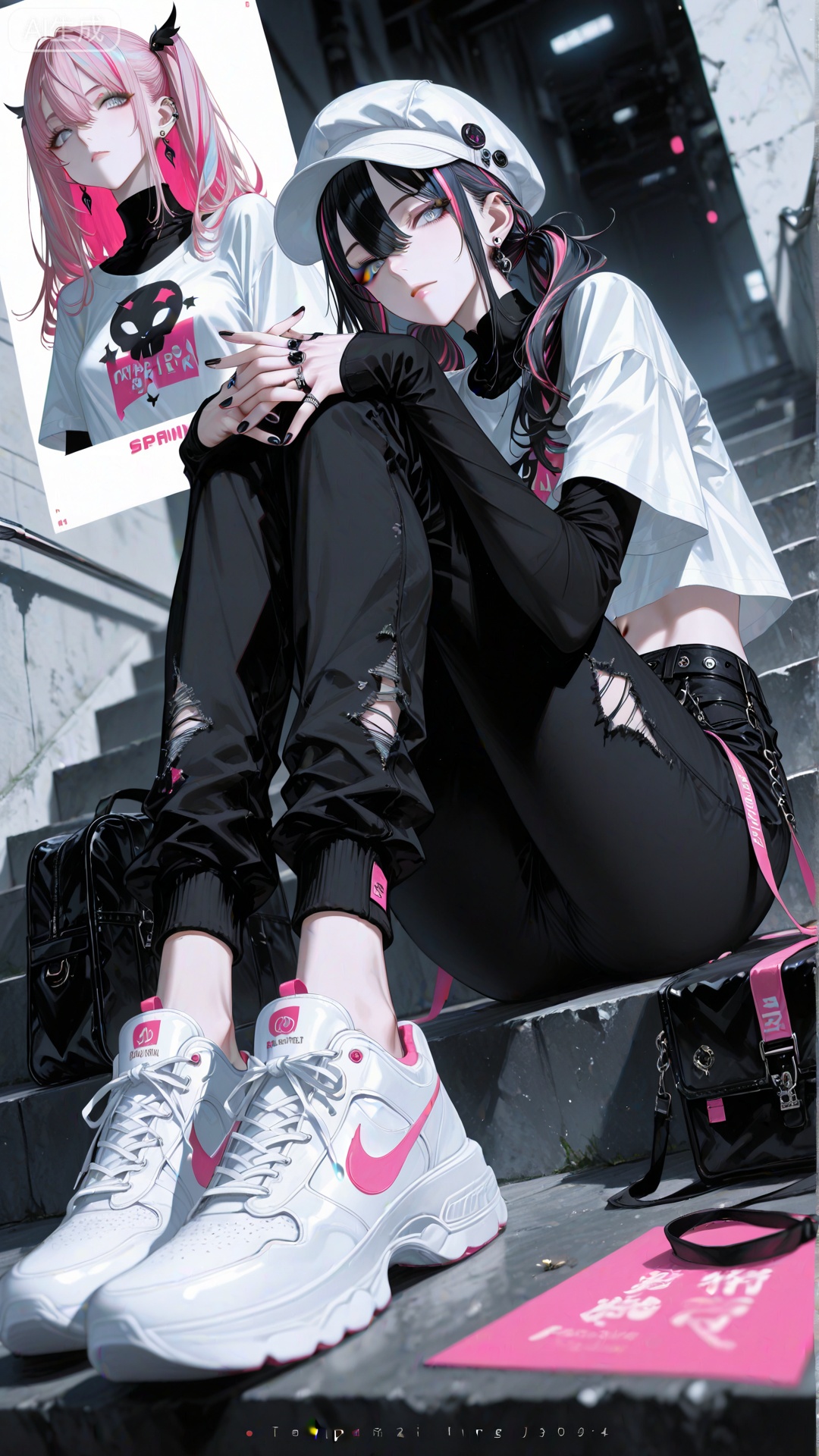 1girl,solo,long hair,looking at viewer,bangs,shirt,black hair,long sleeves,hat,hair between eyes,twintails,jewelry,sitting,closed mouth,full body,white shirt,pink hair,short sleeves,multicolored hair,earrings,shoes,midriff,pants,bag,nail polish,two-tone hair,streaked hair,crop top,sleeves past wrists,grey eyes,torn clothes,white headwear,black pants,piercing,white footwear,ring,own hands together,sneakers,black nails,stairs,layered sleeves,white eyes,short over long sleeves,torn pants,multiple rings,sitting on stairs,,(artist:quasarcake:0.8),extreme aesthetic,(wlop:0.6),honjou honjou raita,lack,rella,wanke,raita,masterpiece,best quality,good quality,newest,year 2024,year 2023,very aesthetic,absurdres,Visual impact,A shot with tension,ultra-high resolution,32K UHD,sharp focus,best-quality,masterpiece,Emotionalization,unconventional supreme masterpiece,masterful details,temperate atmosphere,with a high-end texture,in  the style of fashion photography,(Visual impact:1.2),giving the poster a dynamic and visually striking appearance,impactful picture,offcial art,colorful,movie perspective,masterpiece,best quality,amazing quality,very aesthetic,absurdres,best quality,newest,dynamic_angle,cinematic_angle,dutch angle,foreshortening,from_side,face_focus,eyes_focus,close-up,
Negative prompt: (worst quality, low quality, very displeasing, lowres),(interlocked fingers, badly drawn hands and fingers, anatomically incorrect hands),blurry,watermark,multiple views,comic,censored,jpeg artifacts,patreon logo,patreon username,web address,signature,watermark,text,logo,artist name,safe_neg,unfinished,displeasing,oldest,early,chromatic aberration,signature,artistic error,scan,
Steps: 30,Size: 1616x2304,Seed: 1216875433,Model: 【风格滤镜】绪儿厚涂构图光影质感增强,Sampler: DPM++ 2M,useLcm: false,CFG scale: 4.5,Clip skip: 2,